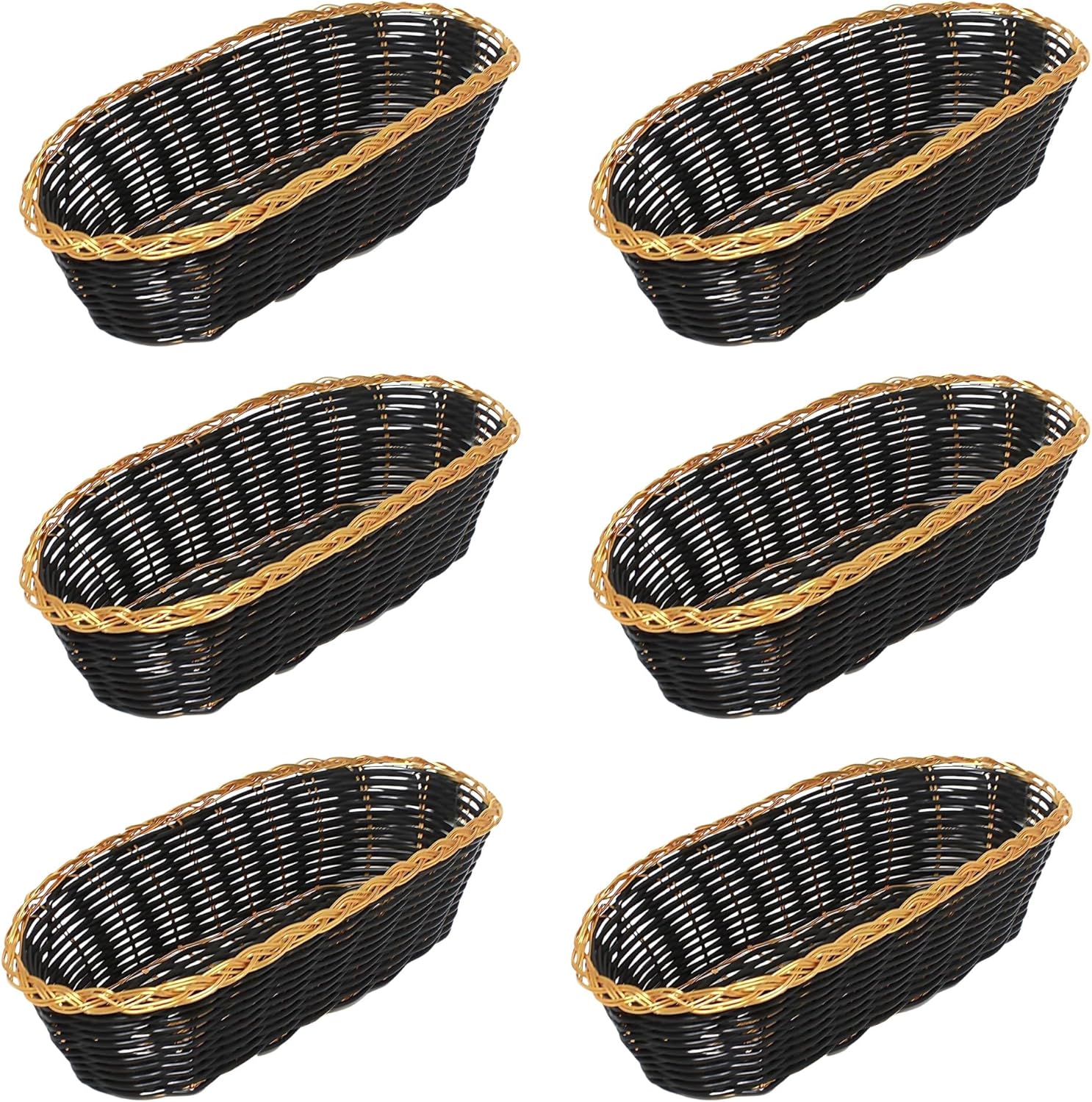 TrueCraftware- 8-1/4" x 4-1/4" x 2" Oblong Hand-Woven Bread Basket Black Color with Gold Trim Set of 6- Restaurant Woven Serving Basket for Fruit Basket Decorative Perfect for Cafe Home Restaurants