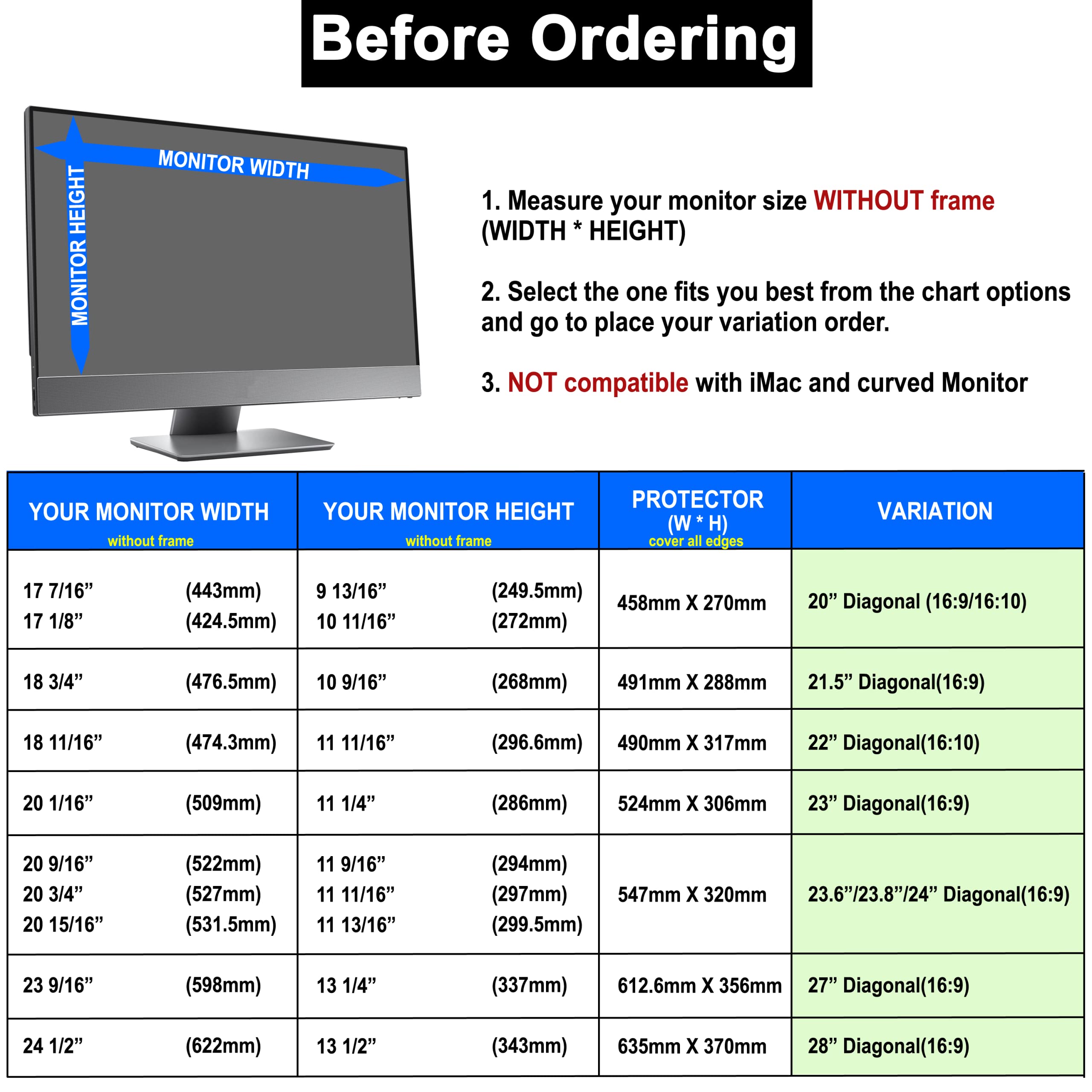 24 Inch Blue Light Screen Protector For Eye Strain, Anti Blue Light,Anti UV,Scratch Resistance 20-28 Inches Widescreen Monitor Filter PC Hanging Type For Desktop Computer