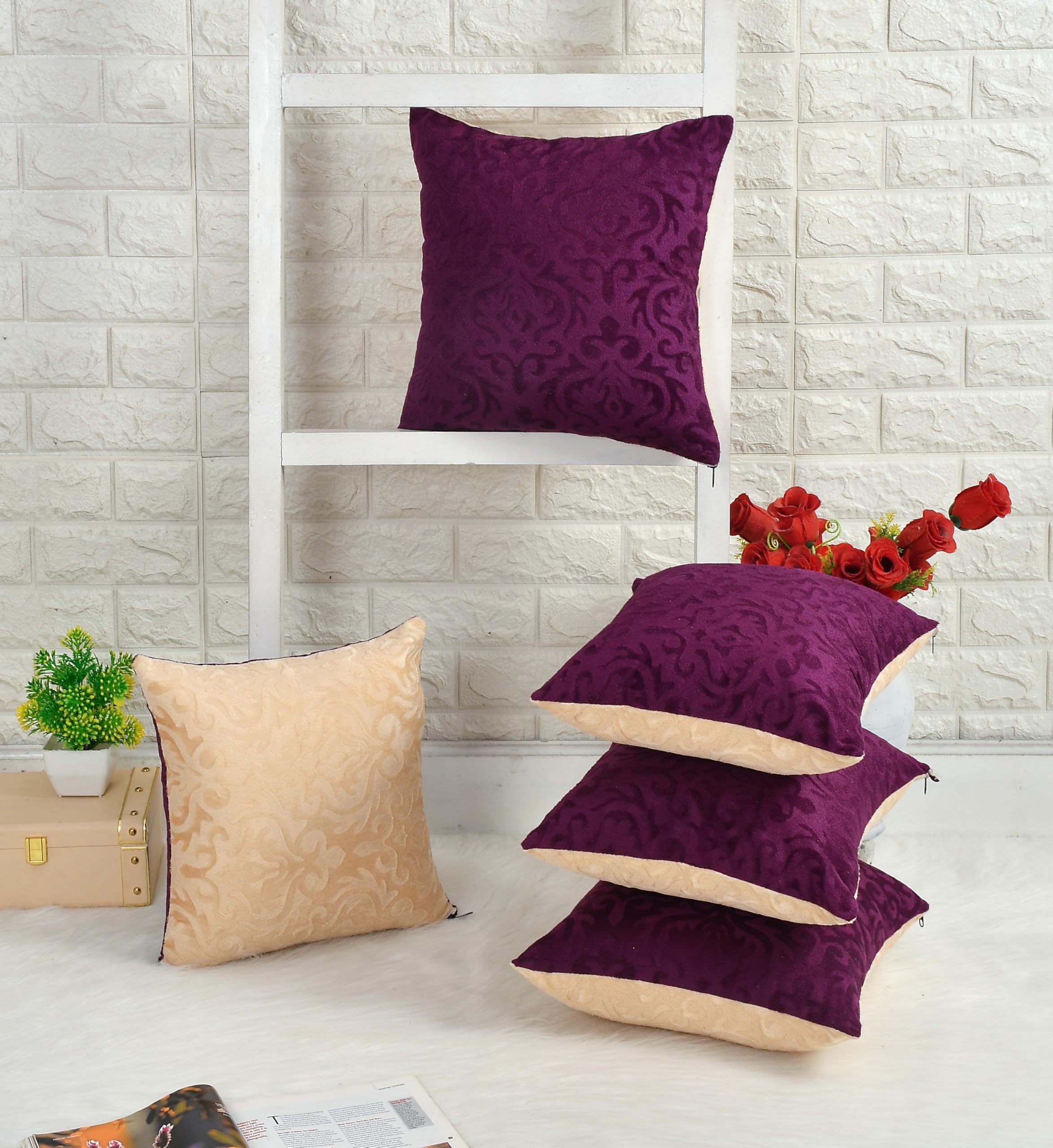 IVAZA Velvet Decorative Reversible Cushion Cover 24 x24 Inch - Set of 5, Soft Solid Damask Square Throw Pillow Covers for Sofa, Living Room or Home Decor - 60x60 cm Wine & Beige-image-35