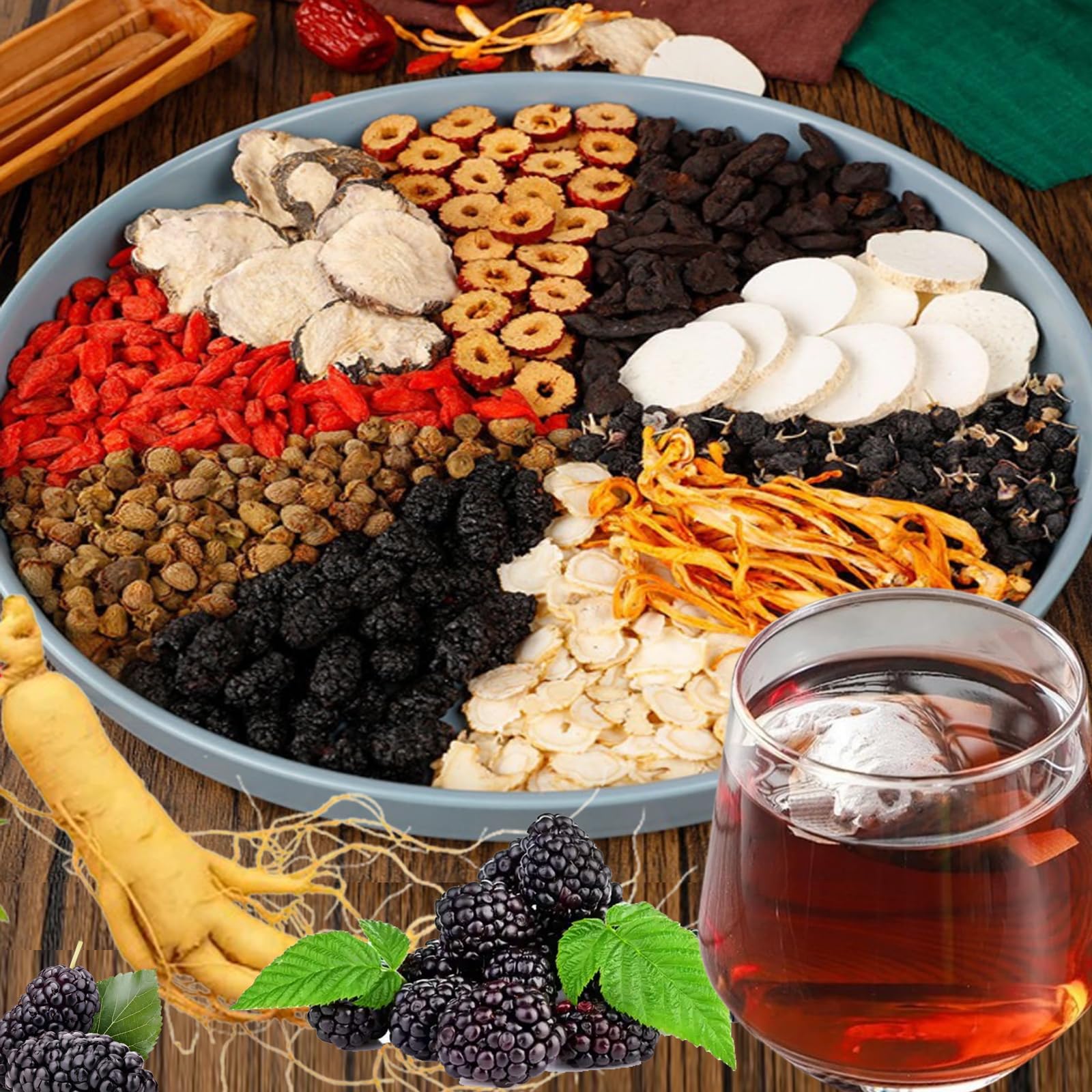 Panax & Mulberry Herbal Tea,Ginseng Five Treasures Tea, Kidney Formula Six Treasure Teas, Panax Wolfberry Mulberry Herbal Goji Berry Red Date Teas Formula Traditional Chinese Blend (30bags)
