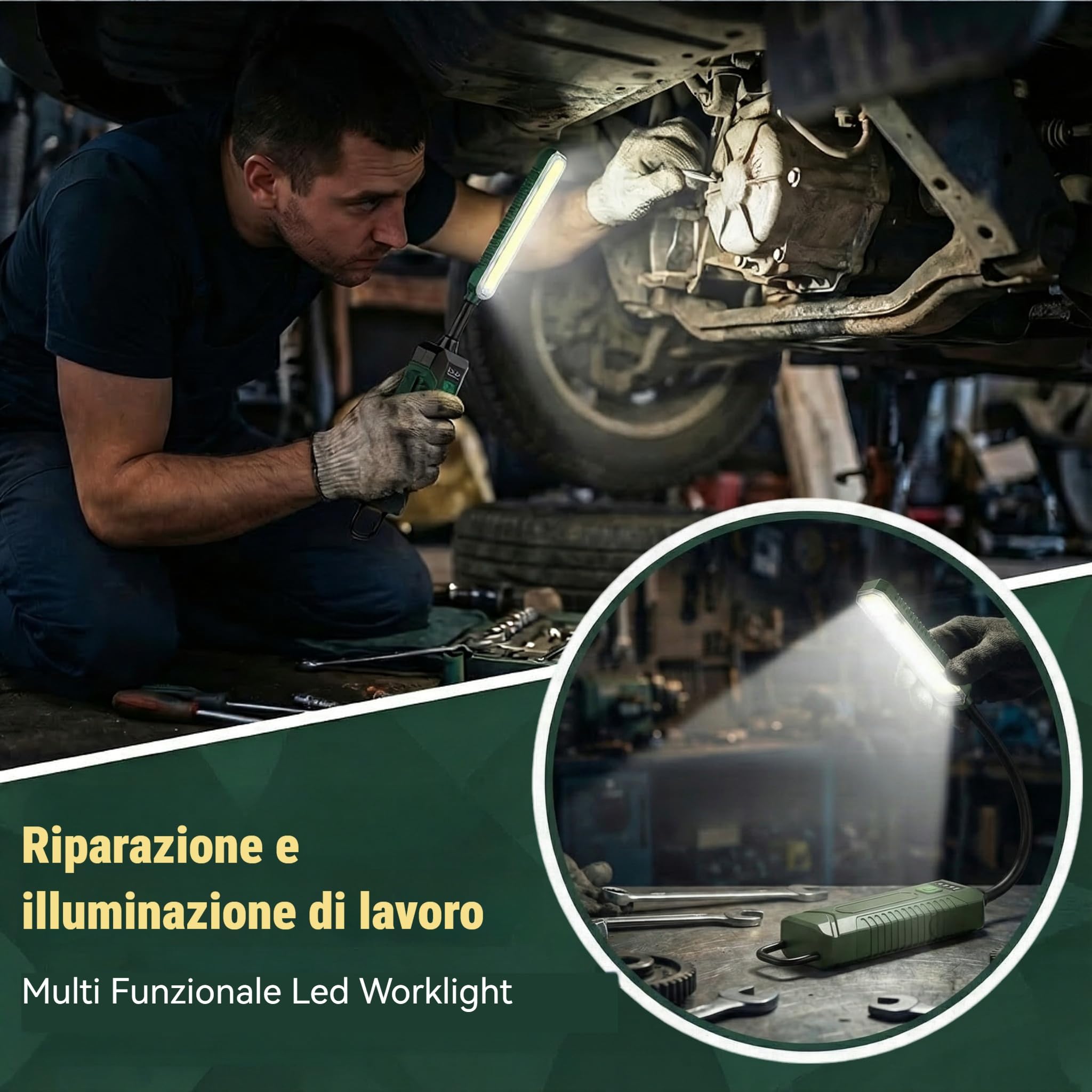 LETOUR Lampada di ispezione con tubo flessibile, magnete girevole a 360°, gancio, 5 modalità e 4 indicatori di carica LED, lampada da officina, regalo per uomini