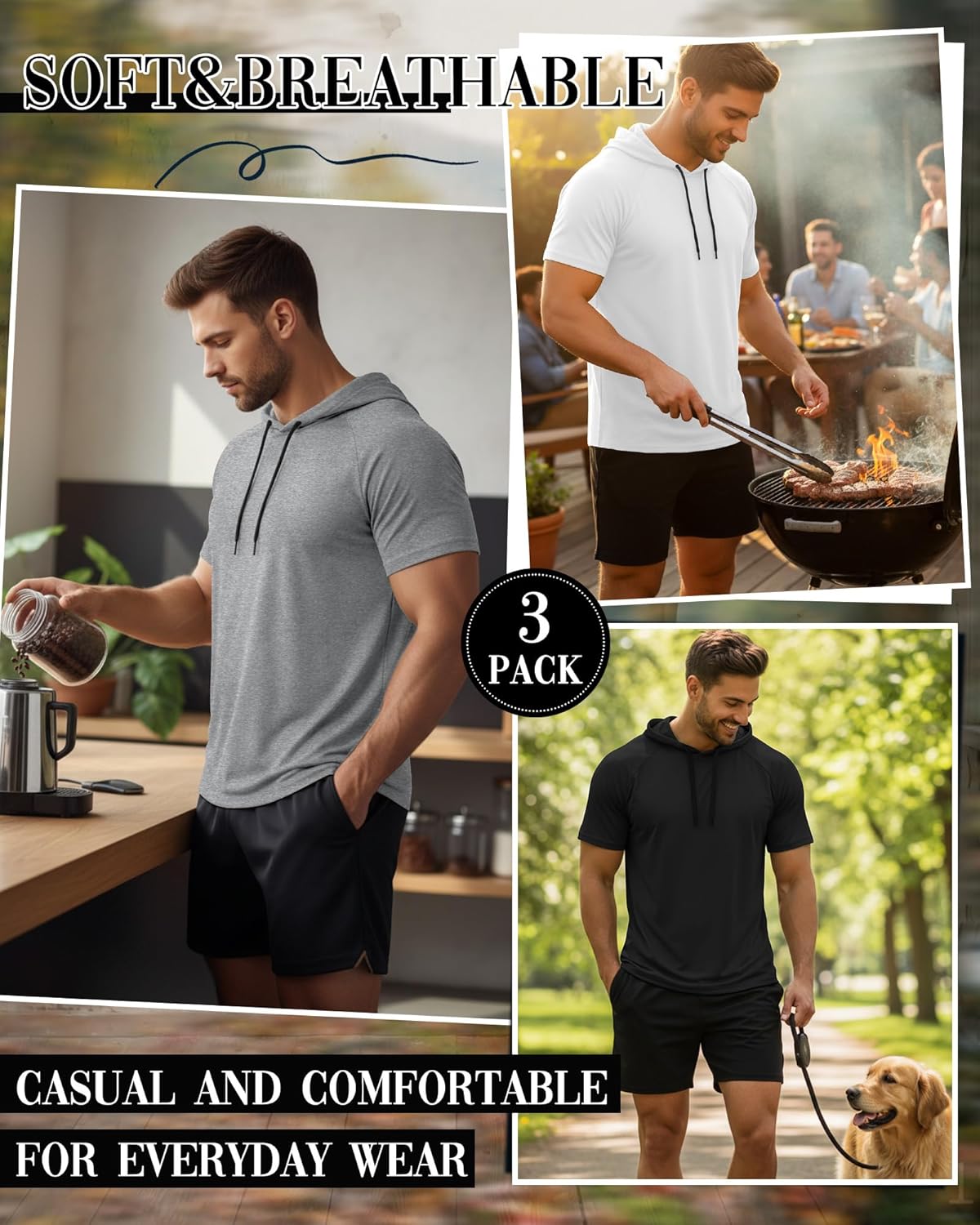 Ficerd 3 Pack Big and Tall Men's Hoodie Short Sleeve Workout T Shirts Casual Running Athletic Pullover Sweatshirt - Image 5