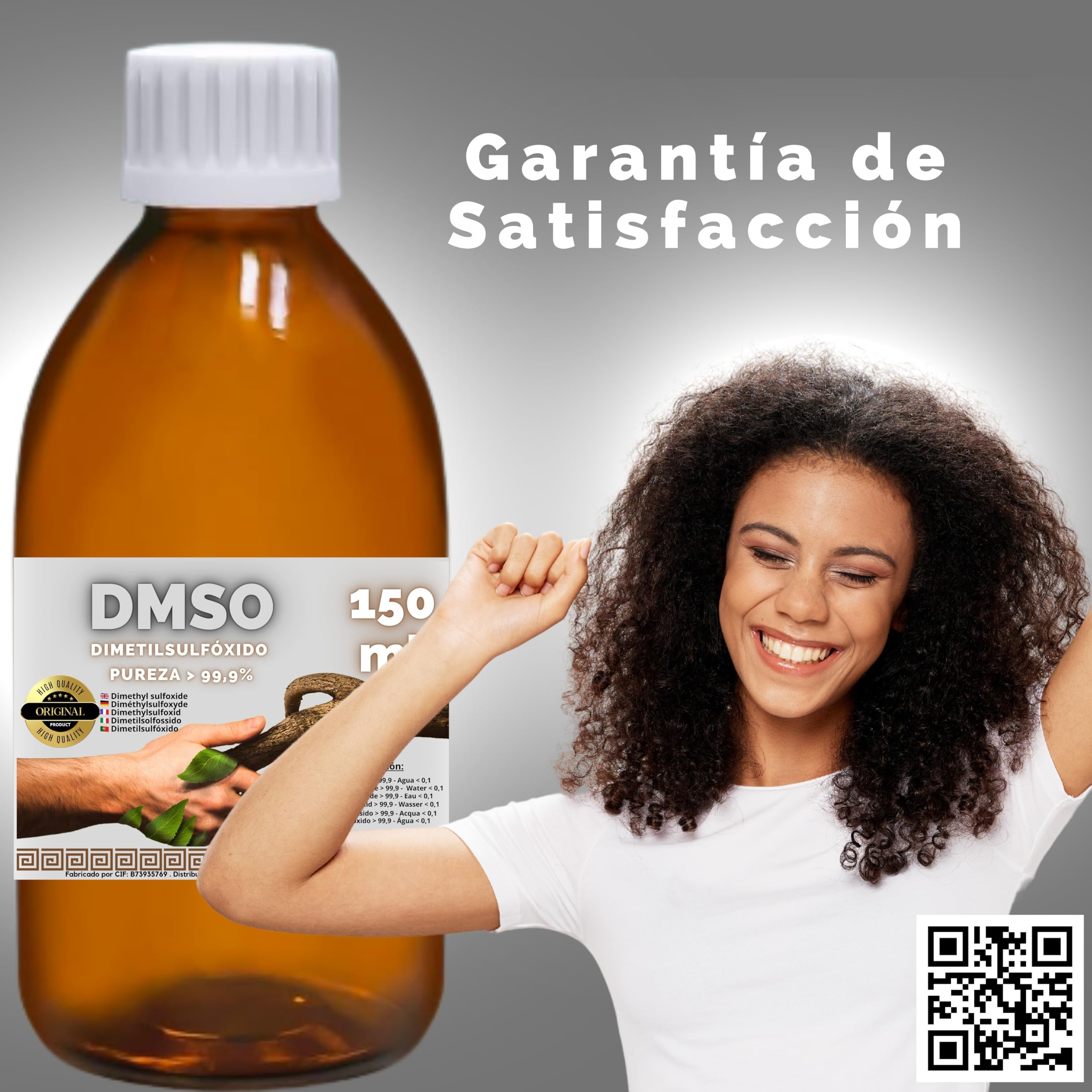 DMSO 150 ml. 99,9% Pureza Con Gotero | Dimetilsulfóxido Calidad Ph Eur | Regalo Frasco125ml + Difusor + Vasito Dosificador | Frascos Ámbar de Laboratorio | Precinto de Seguridad