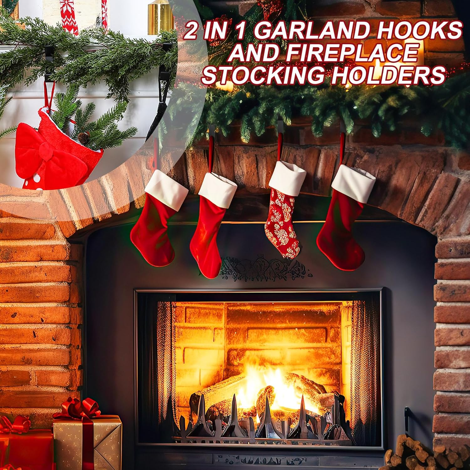 6 Pack 2 in 1 Christmas Garland and Stocking Mantel Holders Fireplace Stocking and Garland Hanger for Xmas Holiday Party Decoration Home