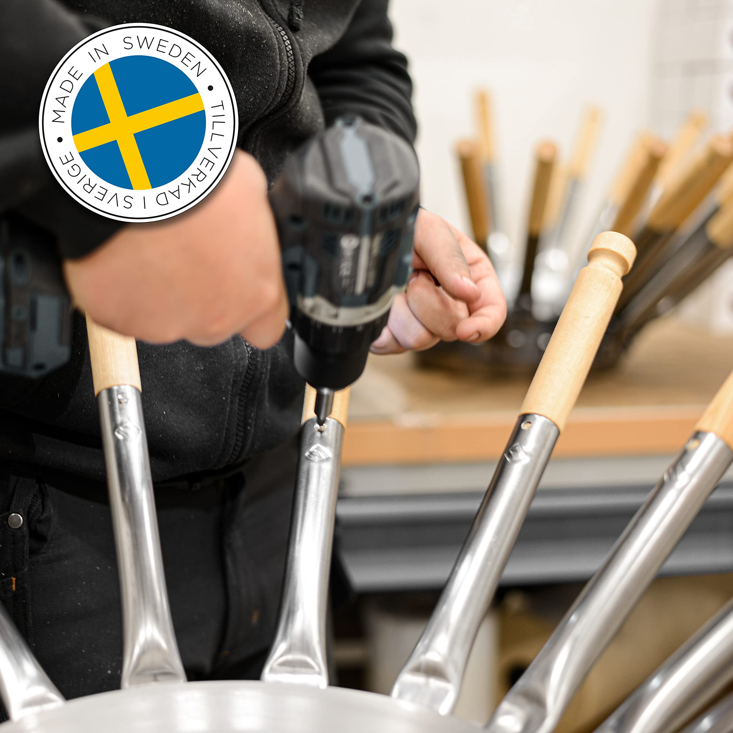 Stabilotherm JÄGARSTEKPANNA Poêle à frire originale en acier au carbone avec poignée pliable en bouleau pour cuisine extérieure, intérieur, camping, voyage
