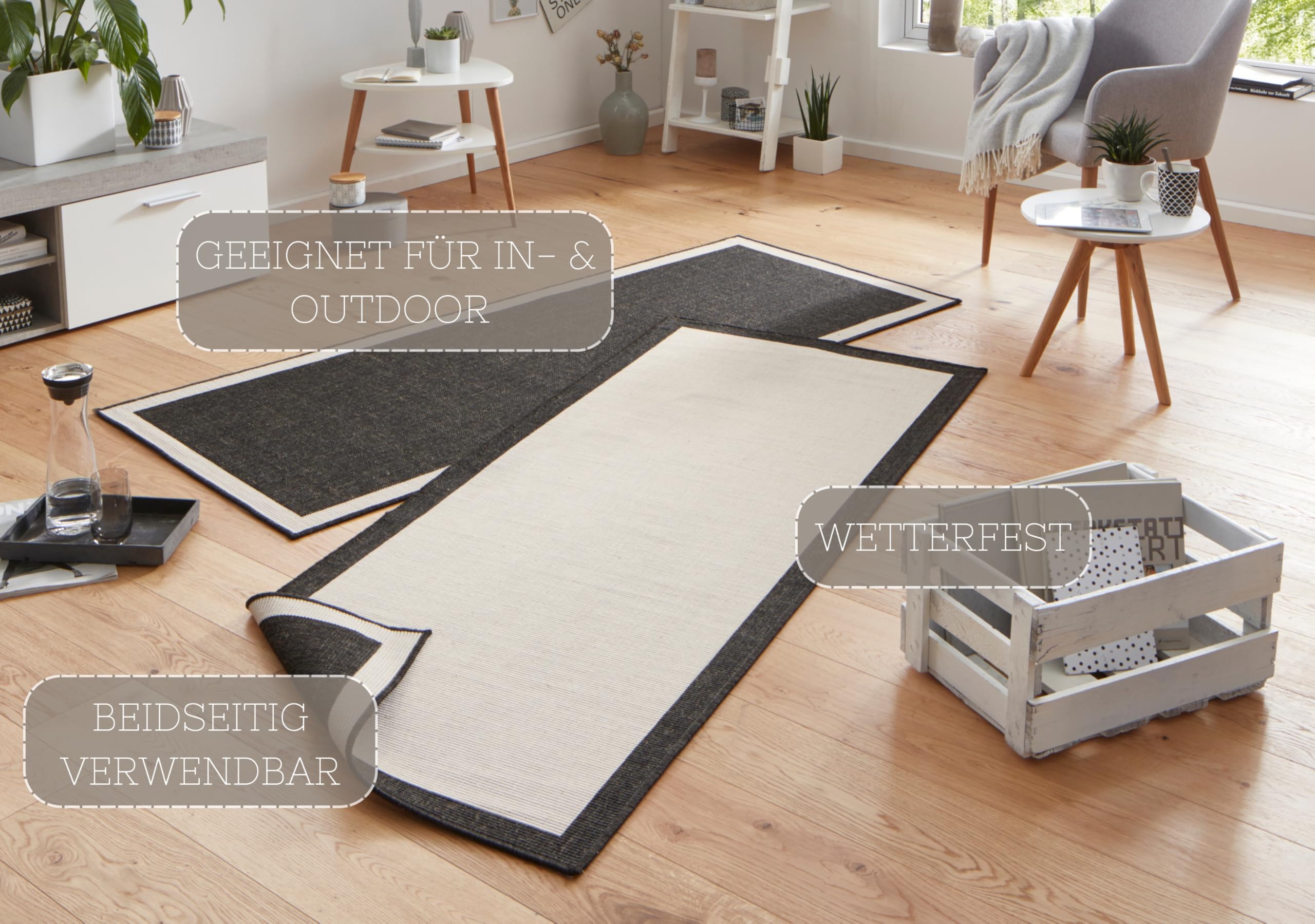 NORTHRUGS In- und Outdoor Teppich Panama 80x350cm - Wendeteppich Wetterfest Modernes Uni Design mit Bordüre Läufer für Balkon Terrasse Garten Wintergarten Wohnzimmerteppich Wasserfest in Schwarz Creme