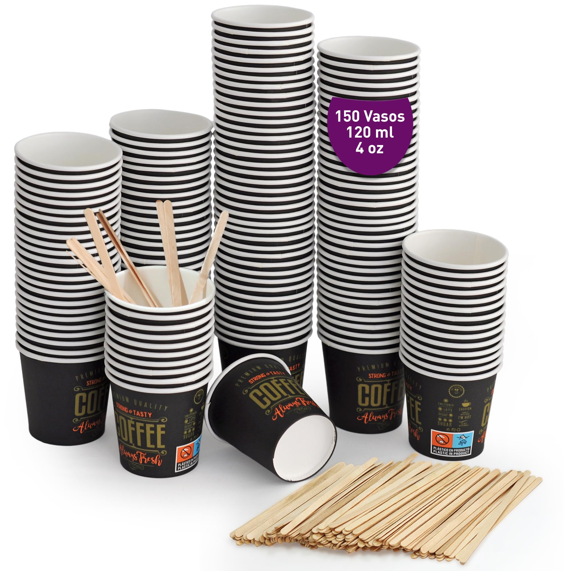 150 vasos desechables café de 120 ml, vasos de cartón desechables con paletinas de madera para café. Para bebidas frías y calientes