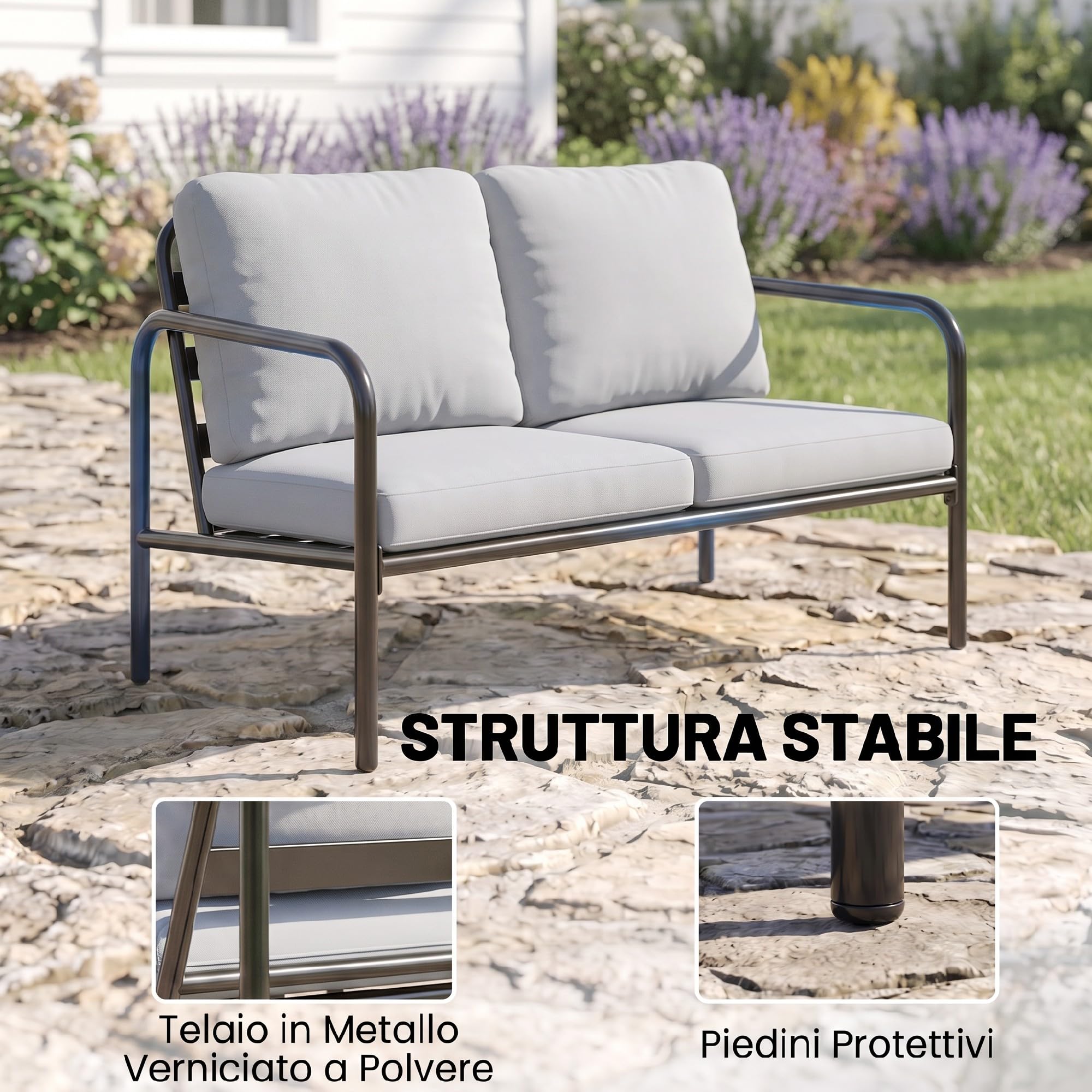 Outsunny Set Salotto da Giardino 4 Pezzi Divano 2 Posti Grigio Chiaro | Set di Mobili da Giardino in Acciaio, 2 Poltrone, Tavolino in Vetro, Cuscini Spessi, Cuscini Lombari, Salottino da Esterno