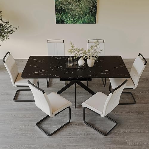 Miniatura 18 de Juego de mesa de comedor moderno para 6, juego de mesa de comedor de cocina expandible, juego de mesa de comedor de mármol sintético, juego de mesa