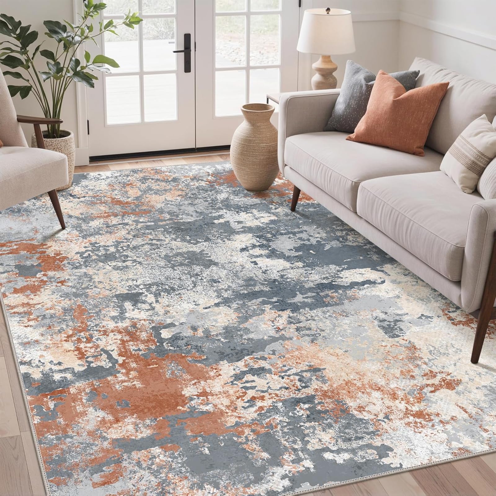 Tapis art abstrait moderne lavable orange terracotta 70x120cm