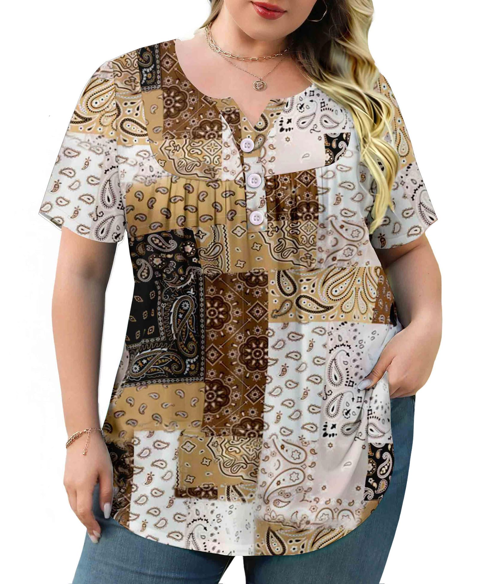 Women's Summer Short Sleeve Tunic Plus size ladies shirts Floral Blouse Loose Flowy Tops for Leggings M-4XL