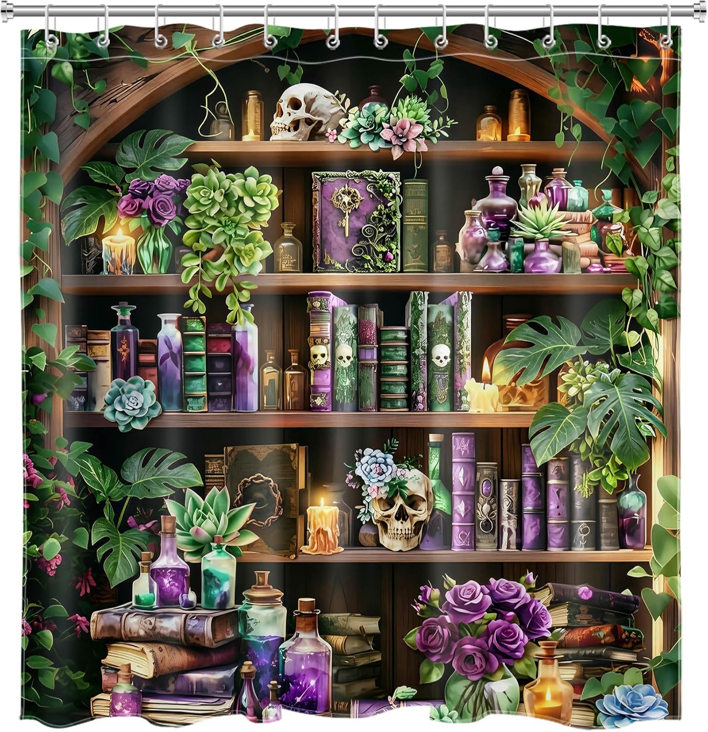 Witchy Bookshelf Shower Curtain, Gothic Halloweeen, 72x72 Inch