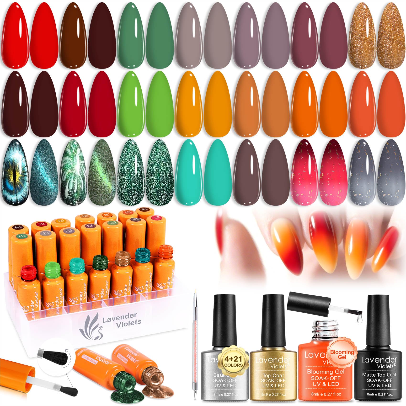 Lavender Violets 25 Pcs Gel Nail Polish Blooming Gel/Base/Glossy/Matte Top Coat Dotting Drawing Nail Brush Manicure Autumn Orange Green Colour Changing Cat Eye Effect Magnets UV LED Varnish C404