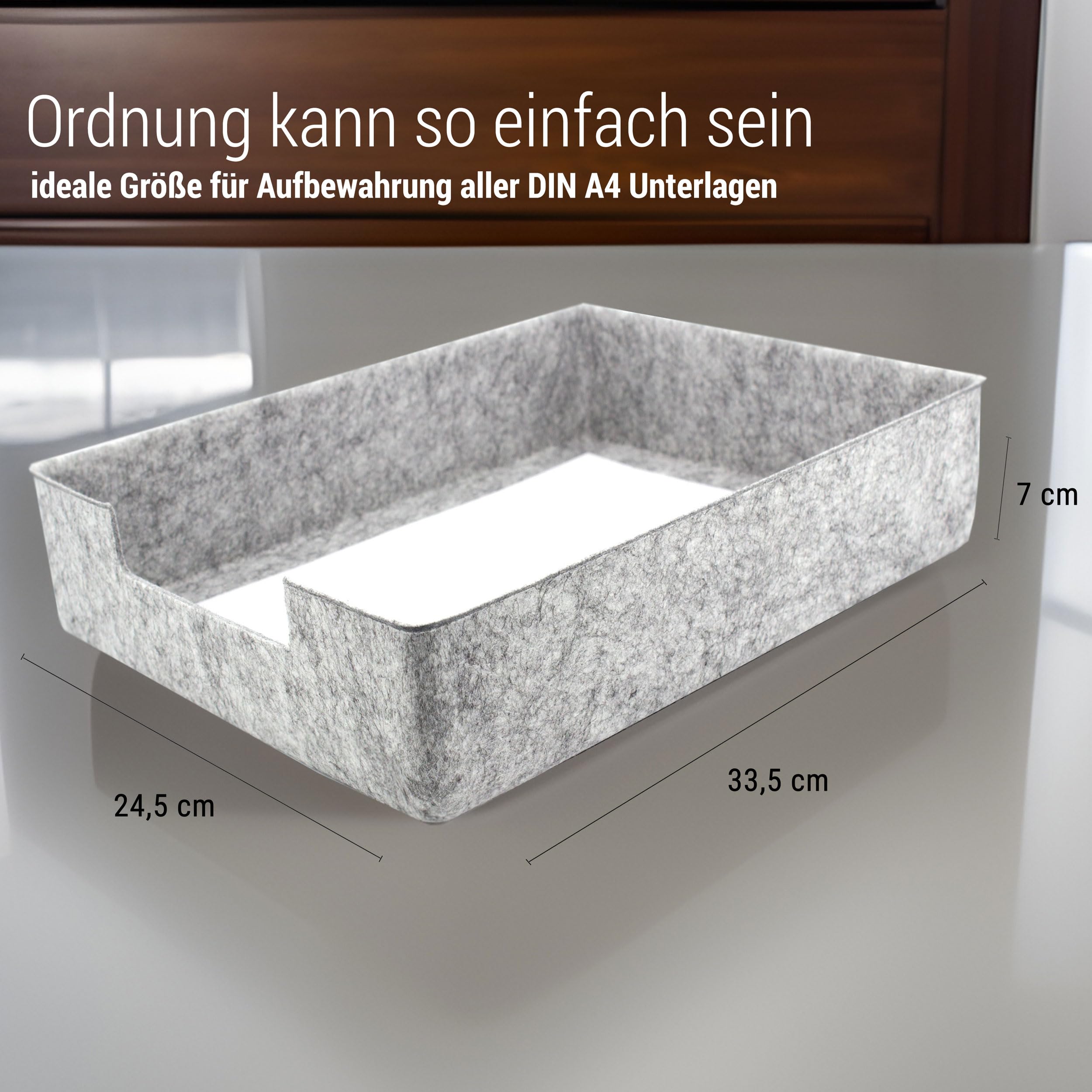 LUXflair 3er Set Filz Dokumentenablage DIN A4, Größe: 33,5x24,5x7cm, Graumeliert, stapelbares Design, abwischbare Oberfläche. Briefablage, Schreibtisch Organizer für Büro & Zuhause
