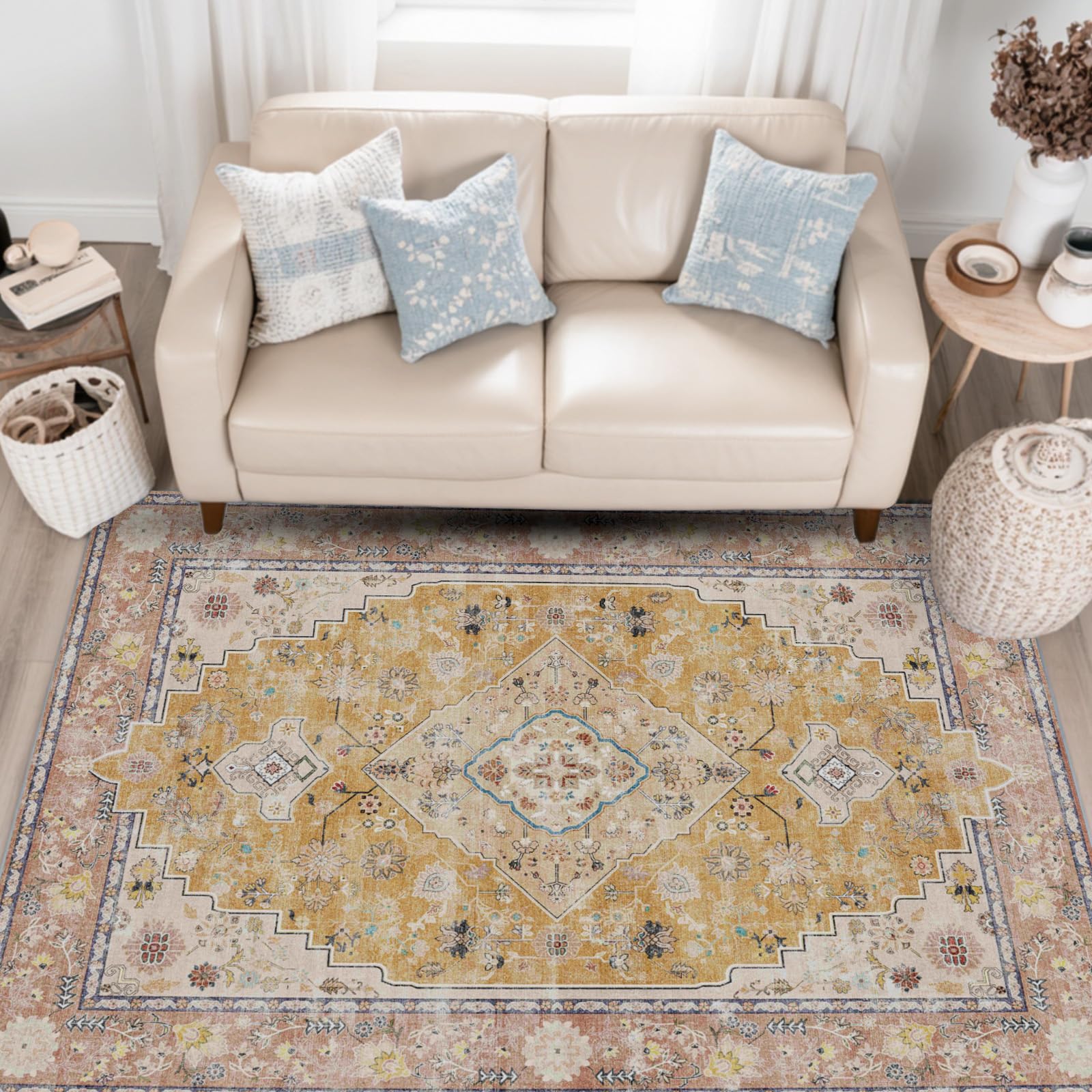 Tapis persan jaune 120x170 cm vintage oriental lavable pour le salon