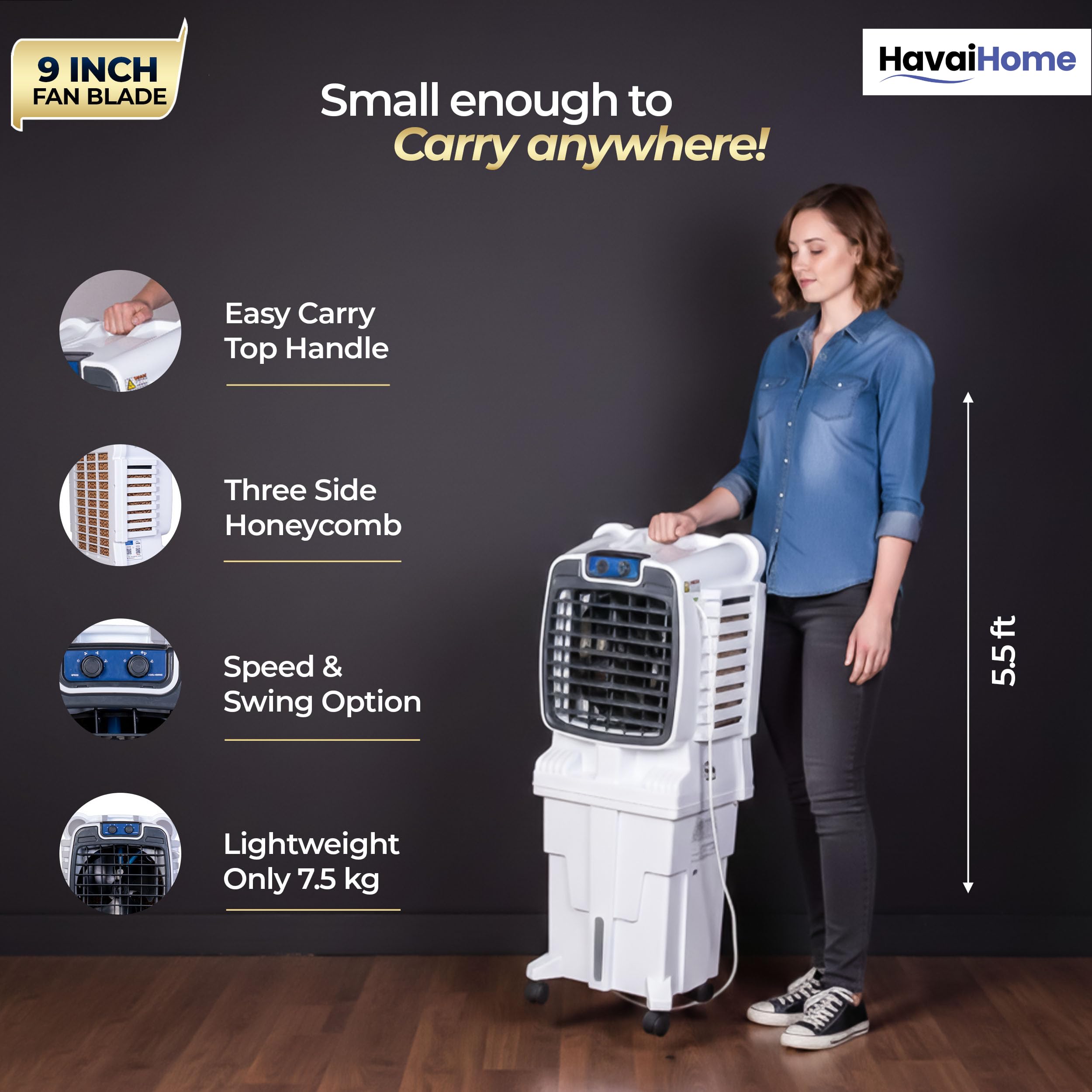 Arizona 9 Personal Air Cooler | India’s First 9-Inch Blade Cooler | 2600 RPM | 2200 m³/hr Delivery | 5 Ft Air Throw | 3-Side Honeycomb | 25L Tank | Motorised Louvers | 120W | Ideal for 50 Sq Ft 2