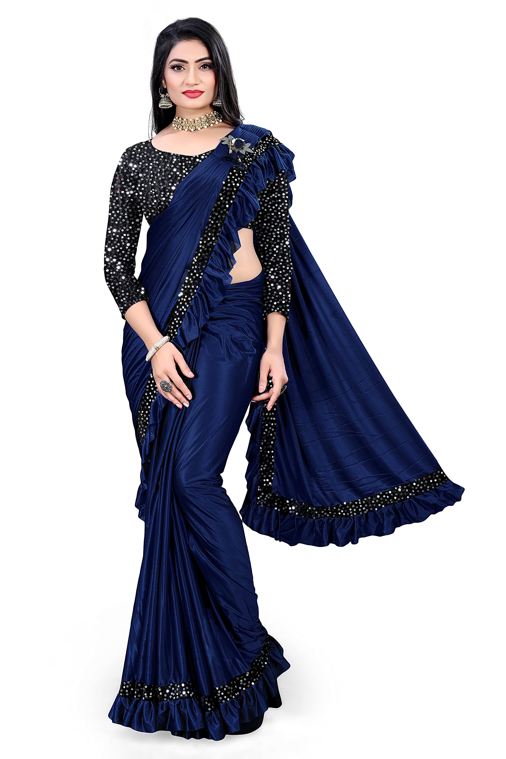 MOHIT CREATIONSWomen's Party wear Pure Original Lycra Ruffle Saree With Unstitched Blouse