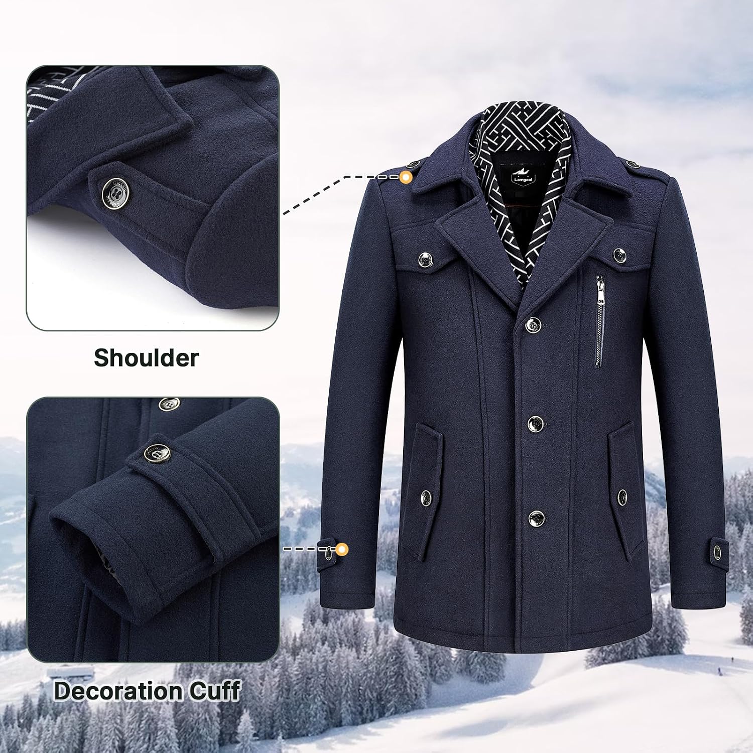 Lamgool Men's Winter Mid Length Wool Blend Coat Single Breasted Peacoat with Removable Scarf