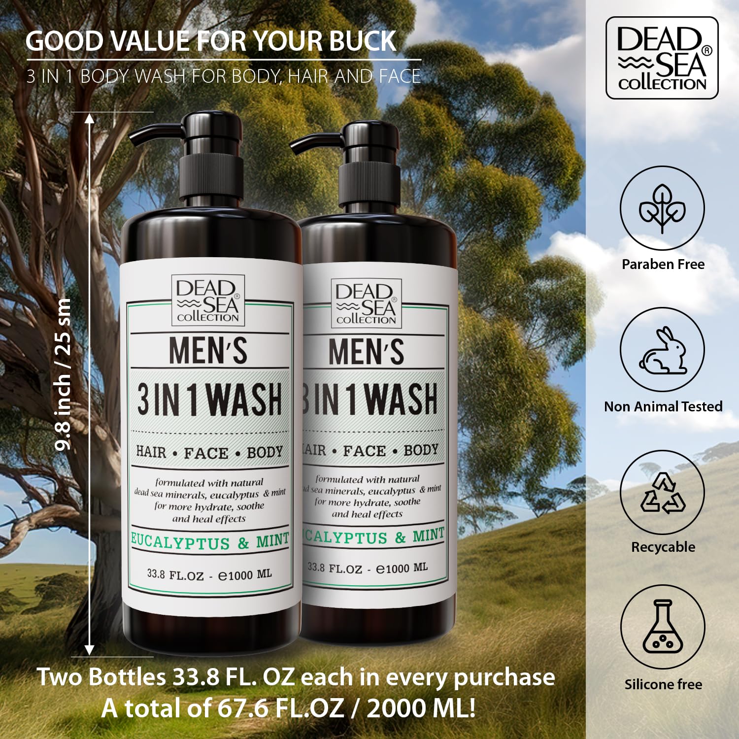 Dead Sea Collection Mens Shower Gel 3 in 1 with Eucalyptus & Mint, Body Wash with Dead Sea Salt, Shampoo for Men Face Wash - Image 3