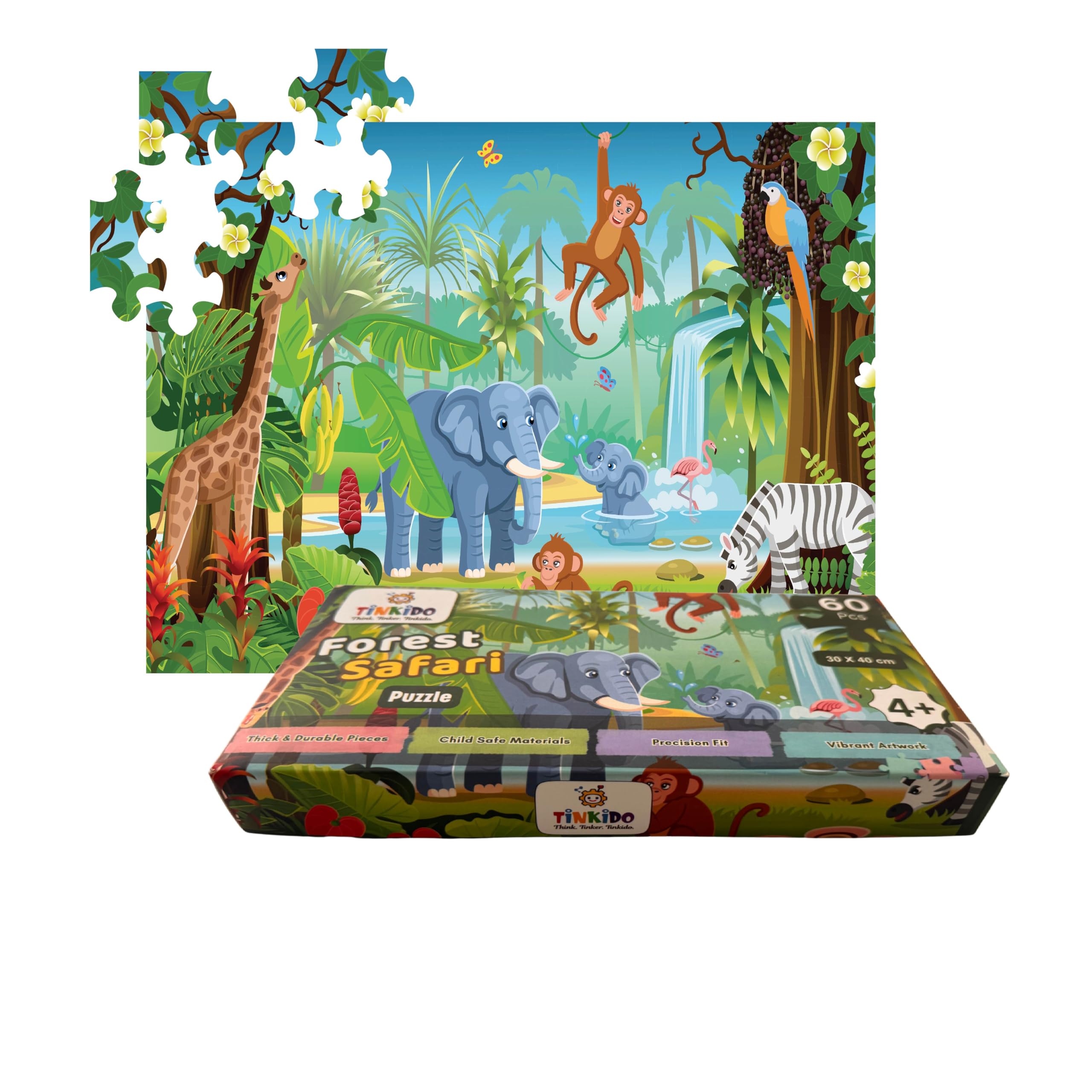 Tinkido Forest Safari Jigsaw Puzzle Game, 60 Pieces, 30x40 cm, Ages 4 to 10, Jungle Animals Theme, Educational Puzzle for Kids