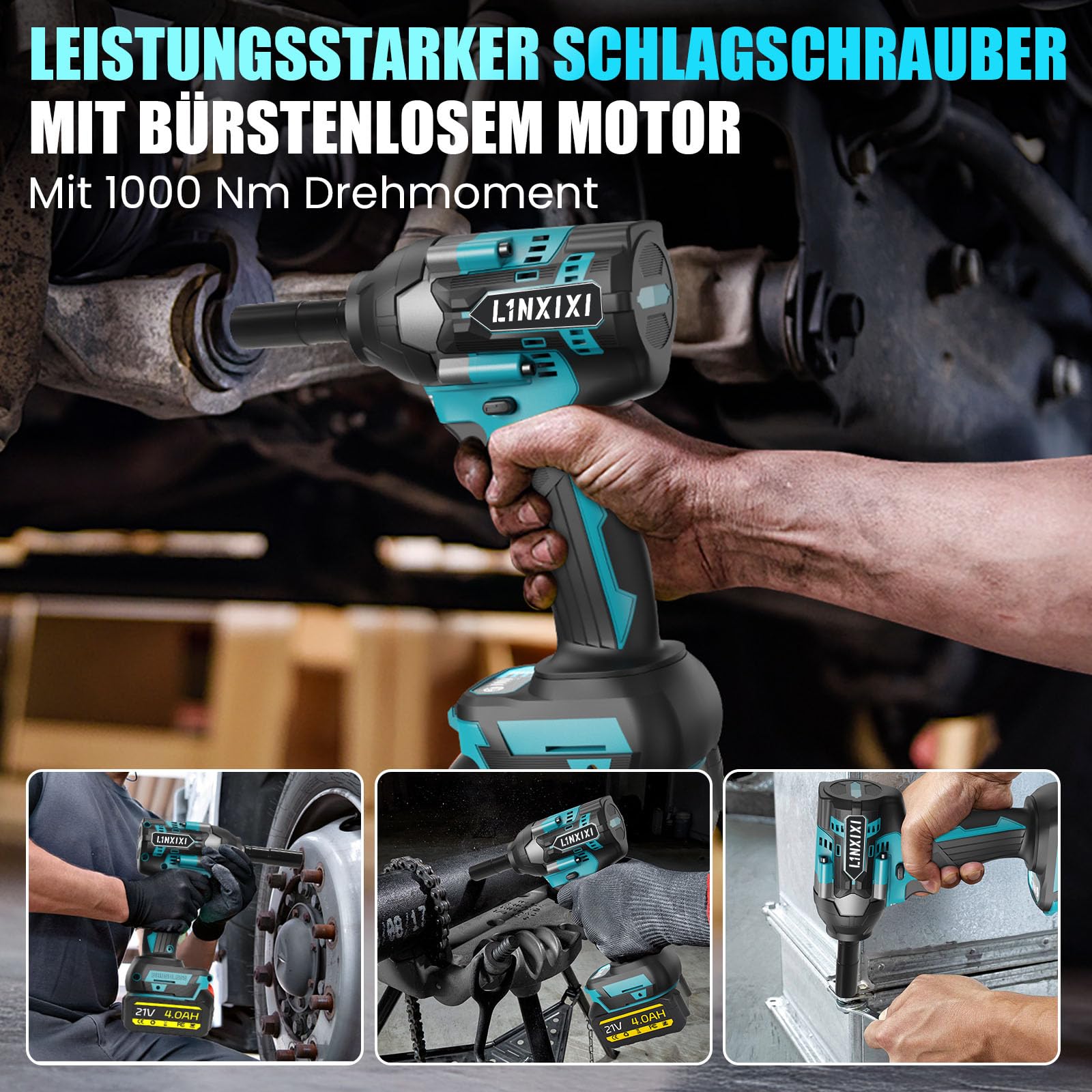 Schlagschrauber Akku 1000Nm für Makita 18V Batterie mit Bürstenloser | 3000RPM 1/2 Zoll Schrauber, mit 2pcs 21V 4,0Ah Akku, 6 Schlagbuchsen für Schraube und Mutter Auto LKW Reifen Removal