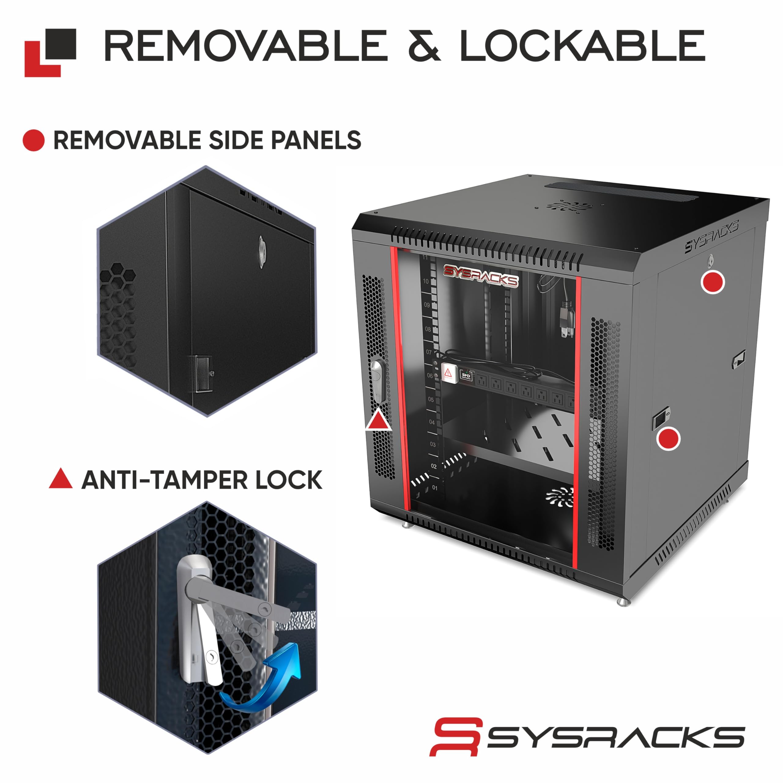 Sysracks 9U 18" Profondità montaggio a parete Server Cabinet Enclosure Rack di rete di bloccaggio - PDU a 8 vie - Ventola di raffreddamento - Mensola - Piedi - Hardware