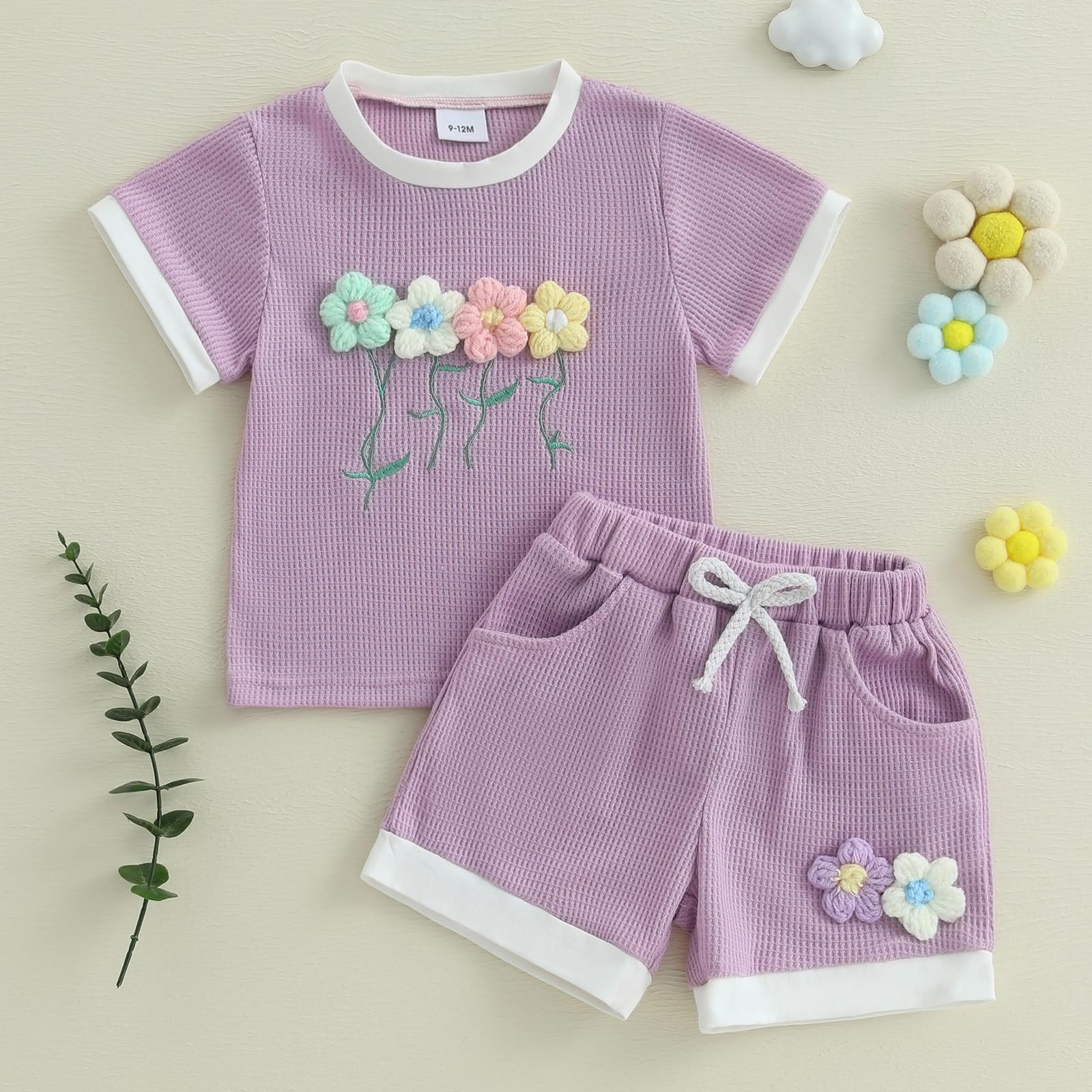 Toddler Baby Girl Outfits 3D Flower Print Waffle Knit Shirt Tops+Jogger Shorts Infant Girl Summer Clothes (Light Purple, 3-4T)