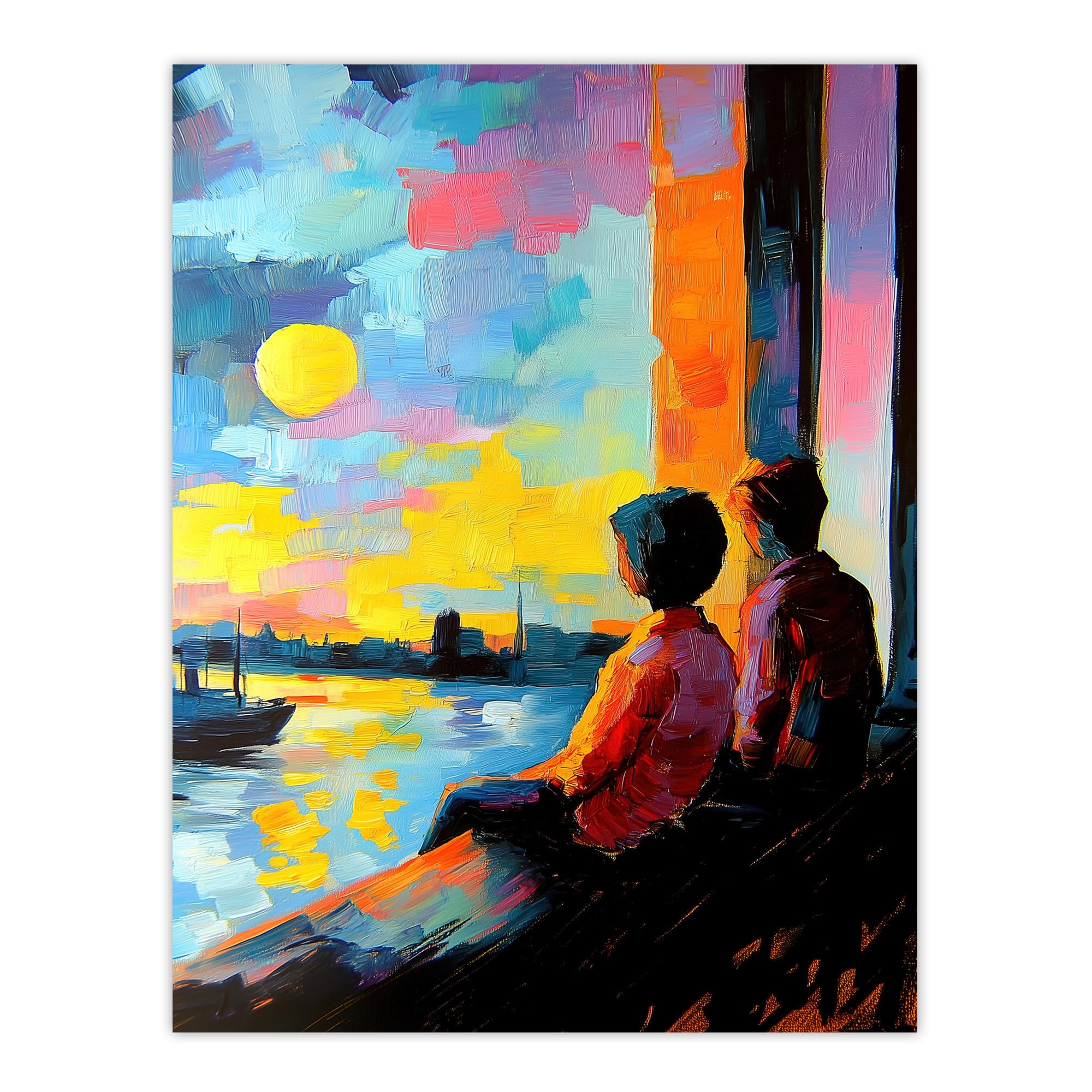 Sunset Coastal View Couple Love Romantic Painting Wall Art Poster Print