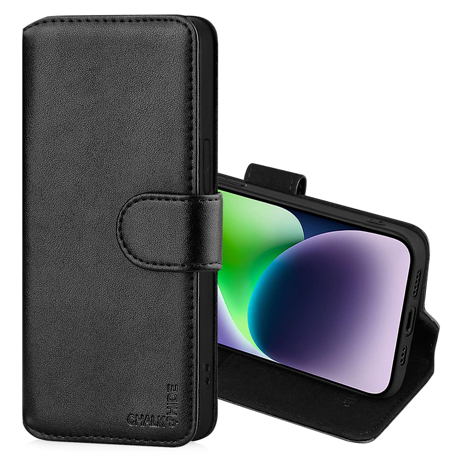 Real Leather Book Wallet Flip Case Cover For Apple iPhone 14 Plus (6.7"), Real Leather Design With Card Slot, Magnetic Closure and Built In Stand - Black