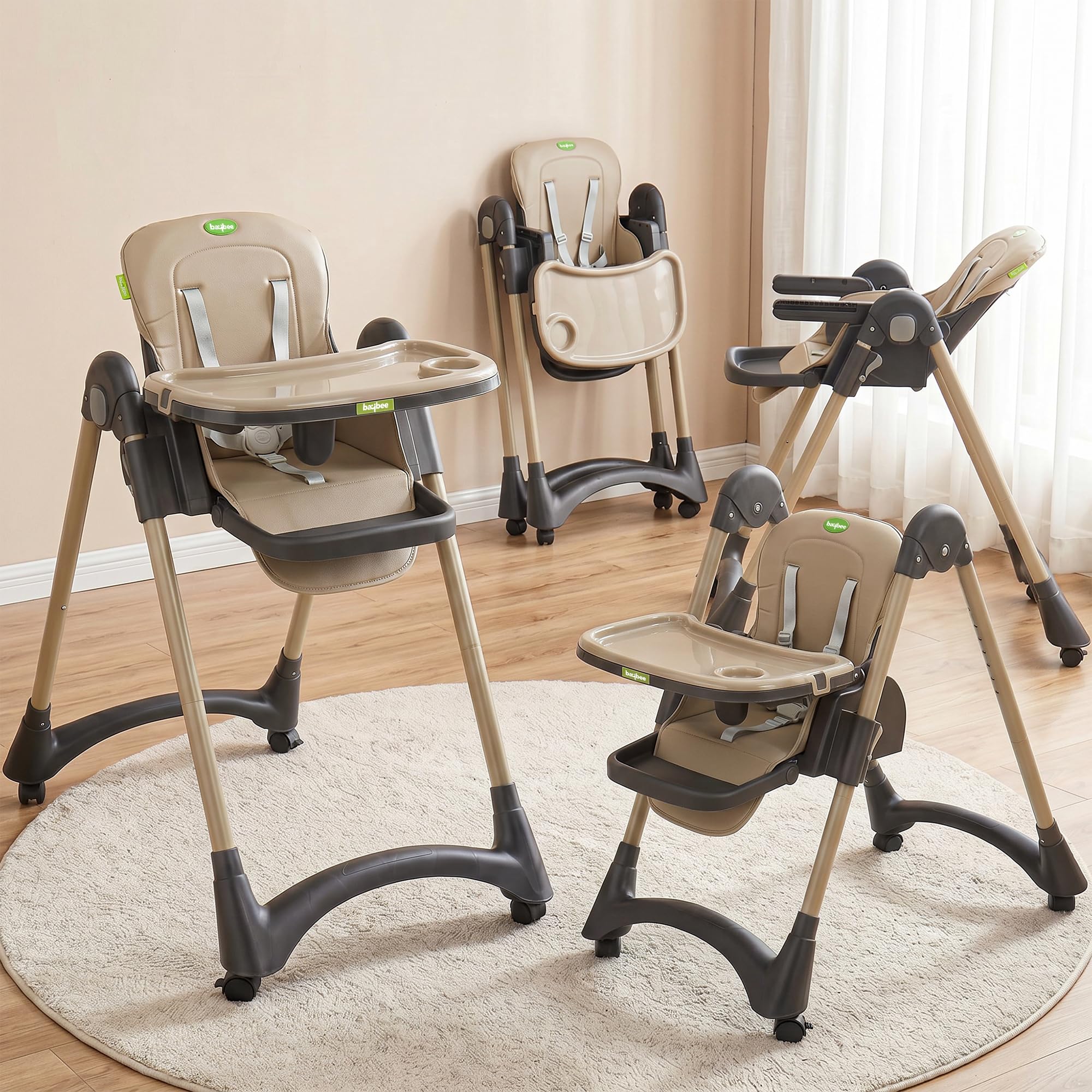 BAYBEE High Chair for Baby 6 to 18 Months, 6-Level Height Adjustable Feeding Chair with Reclining Backrest, Foldable Frame, 5-Point Safety Harness, Double Removable Tray, Footrest & Lockable Wheels (Beige)-image-41