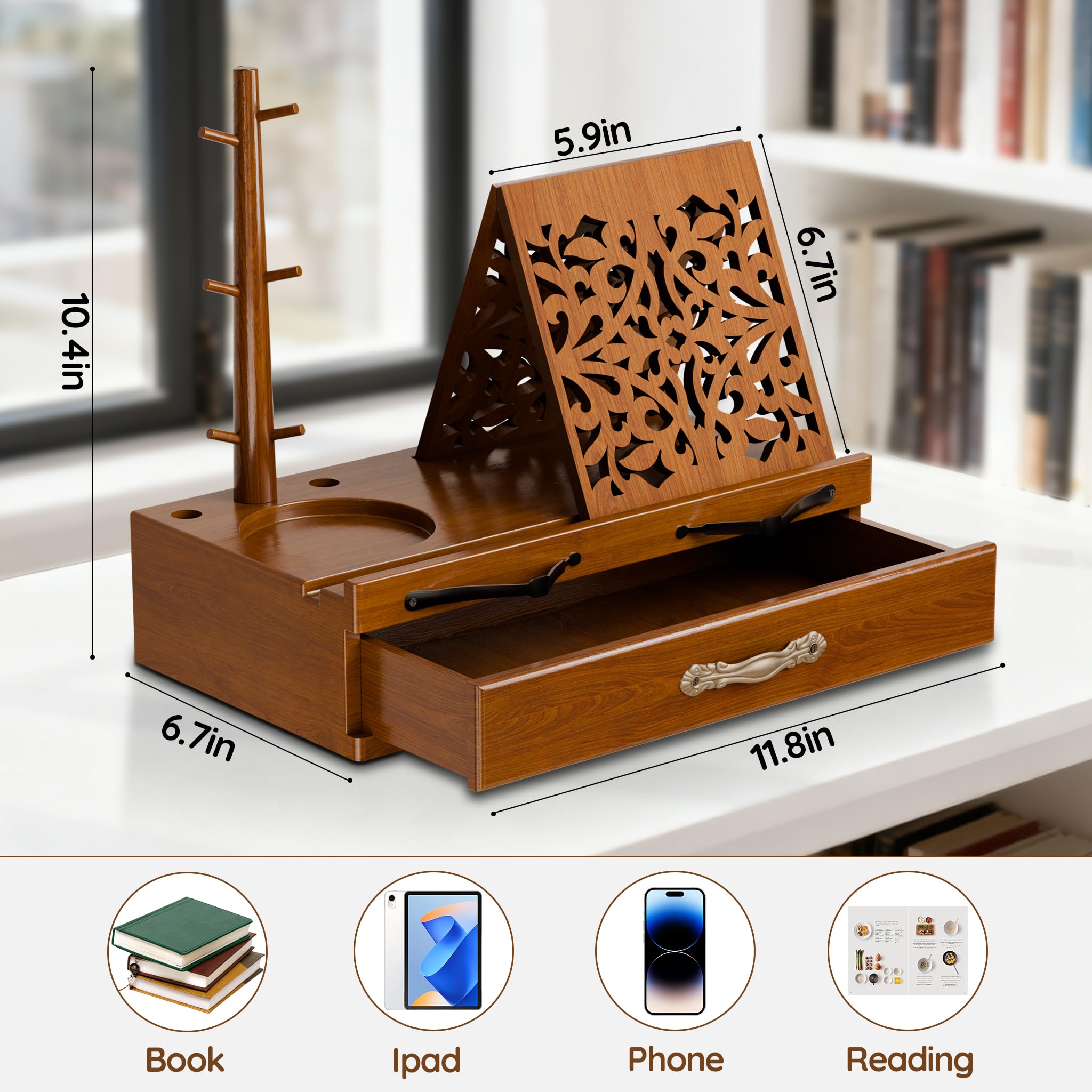 A wooden book stand holding a book open on a desk