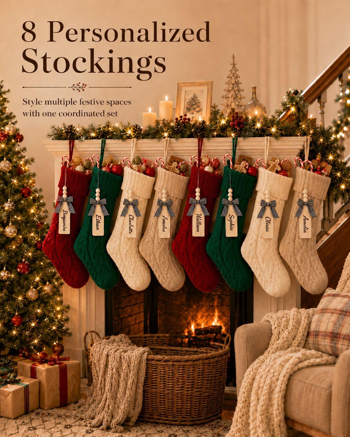 houscly Medias de Navidad personalizadas grandes de 18 pulgadas: paquete de 8 medias de Navidad, color rojo, marfil, verde, caqui