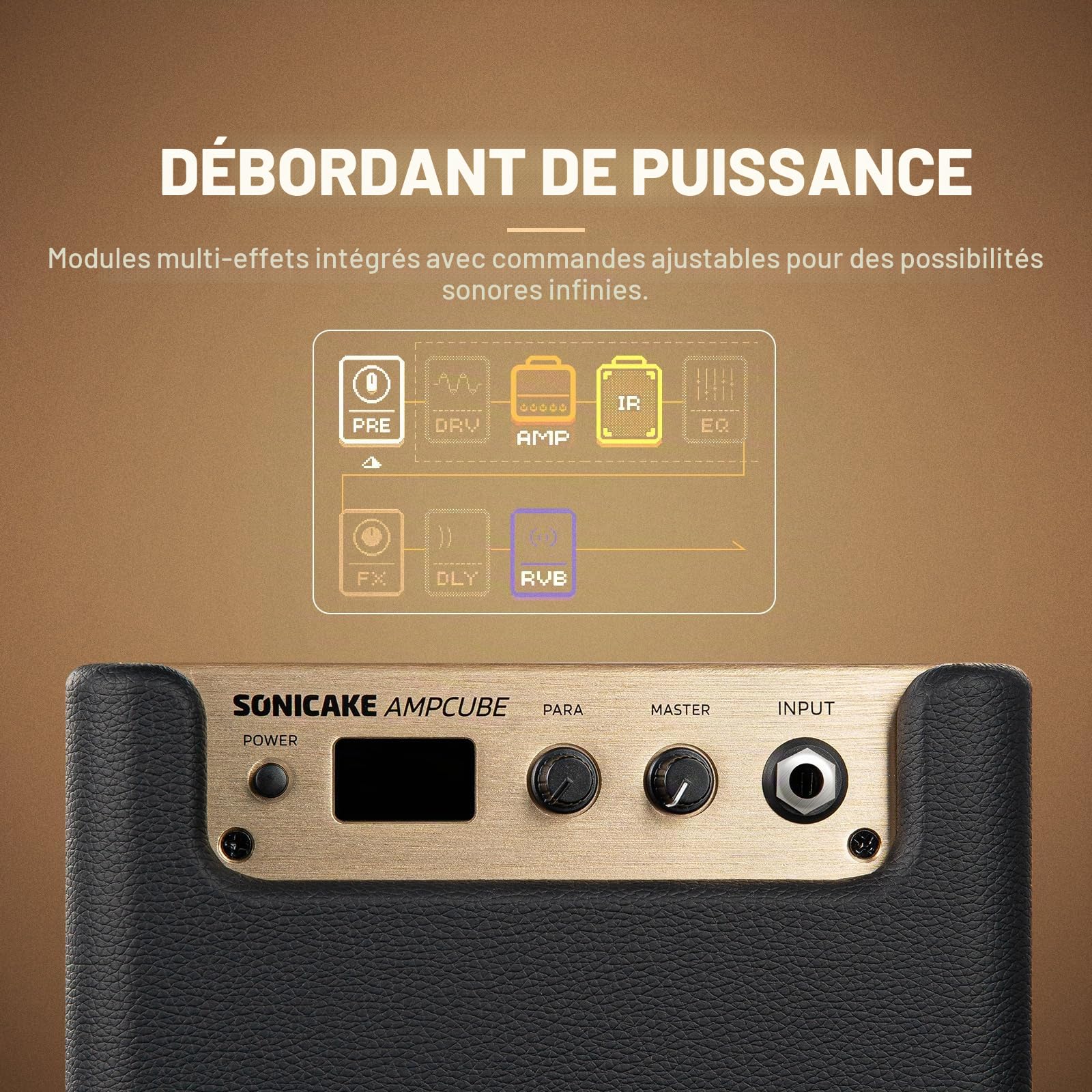 SONICAKE Amplificateur de guitare multi-effets numérique à double mode amplificateur d'entraînement 10W BT avec 100 presets 99 rythmes de batterie APP OTG AMPCUBE QAM-20