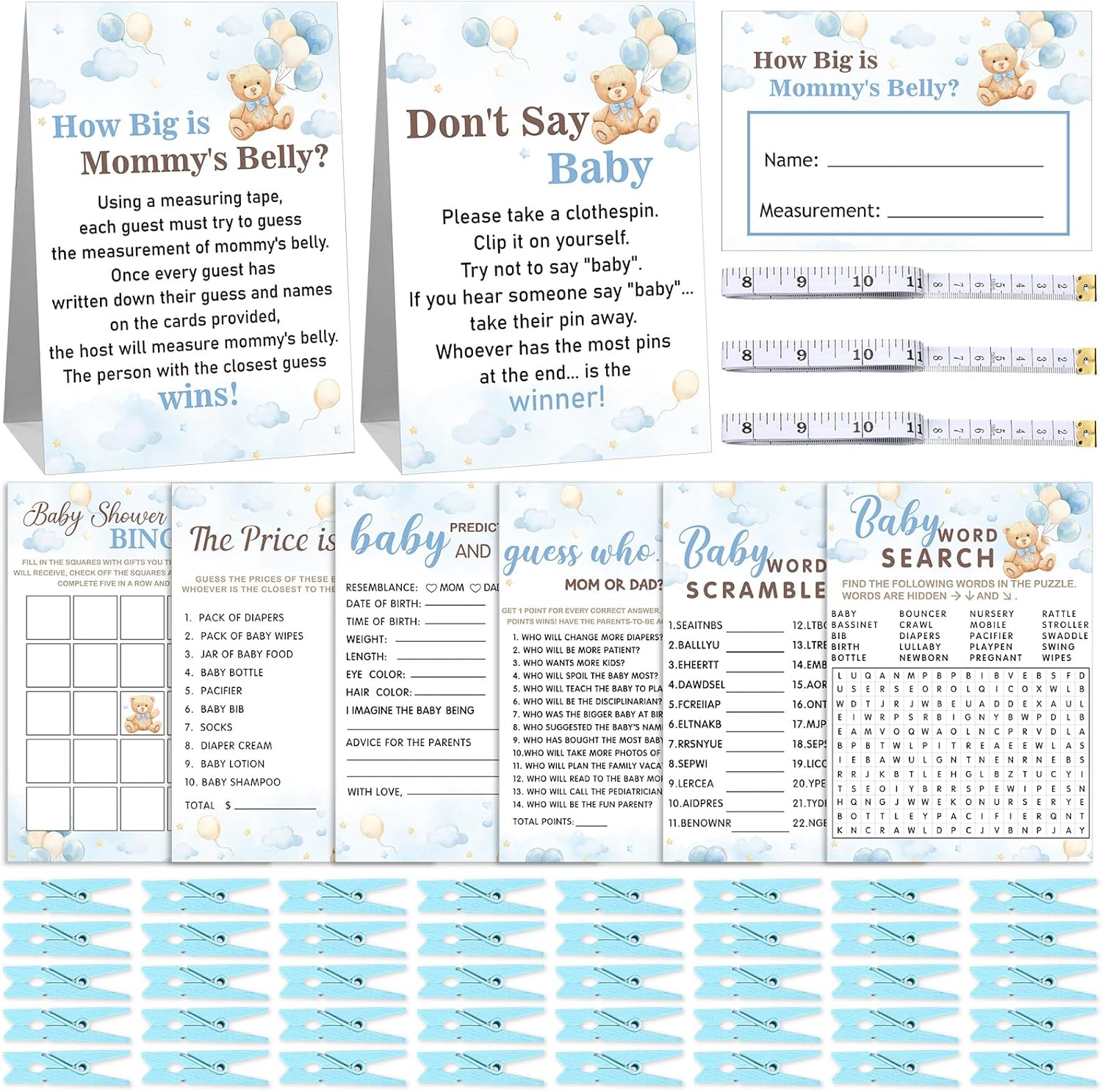 Jetec 407 Pcs Baby Shower Games, 8 Games, Word Scramble, Word Search, Predictions and Advice, The Price is Right, How Big is Mommy's Belly