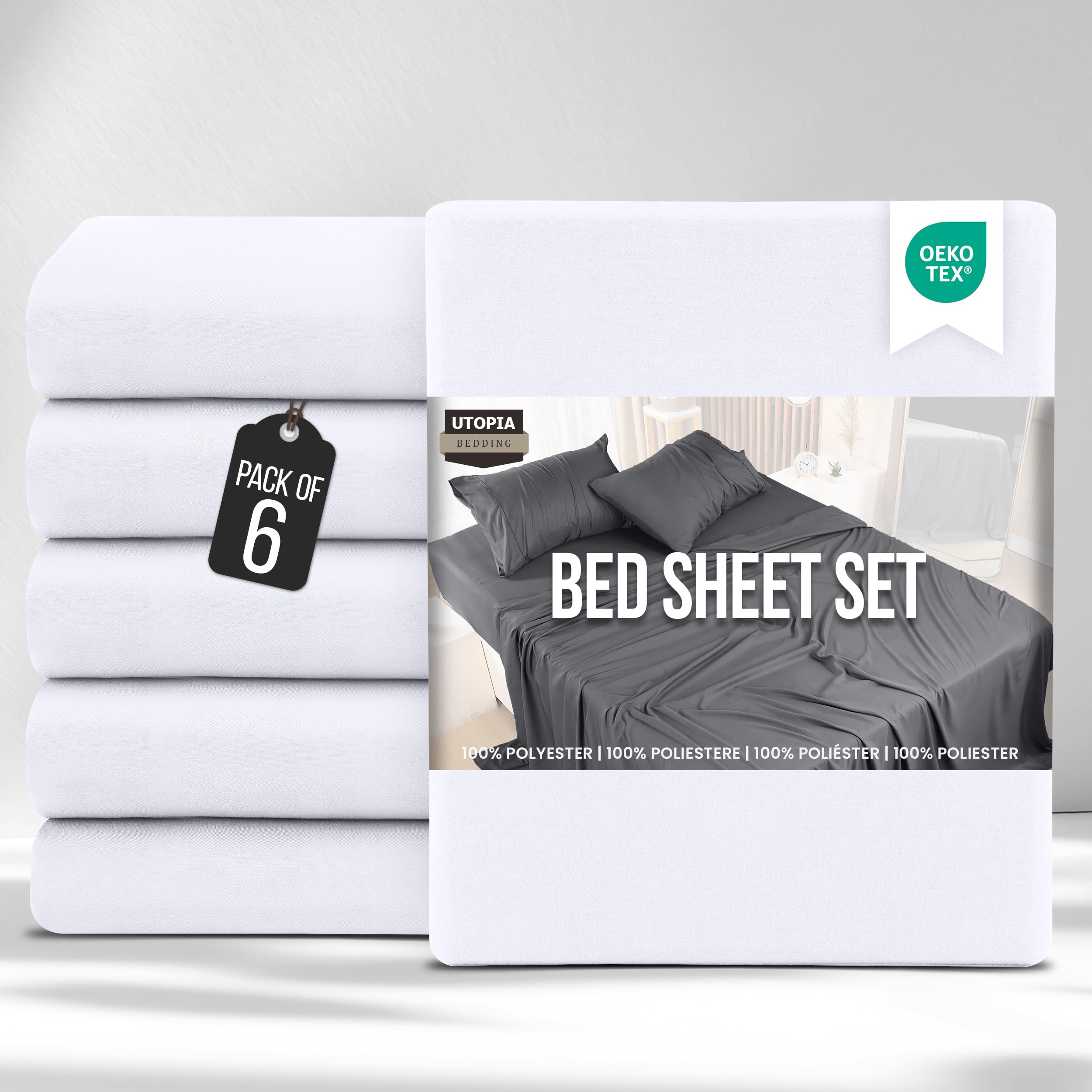 Utopia Bedding Bed Sheets Set Bulk Pack of 6 (Super King, White) – Fitted Sheet, Flat Sheet with Pillow cases 50x75 – Wrinkle, Shrinkage & Fade Resistant – Soft Brushed Polyester Microfiber Fabric — image 1