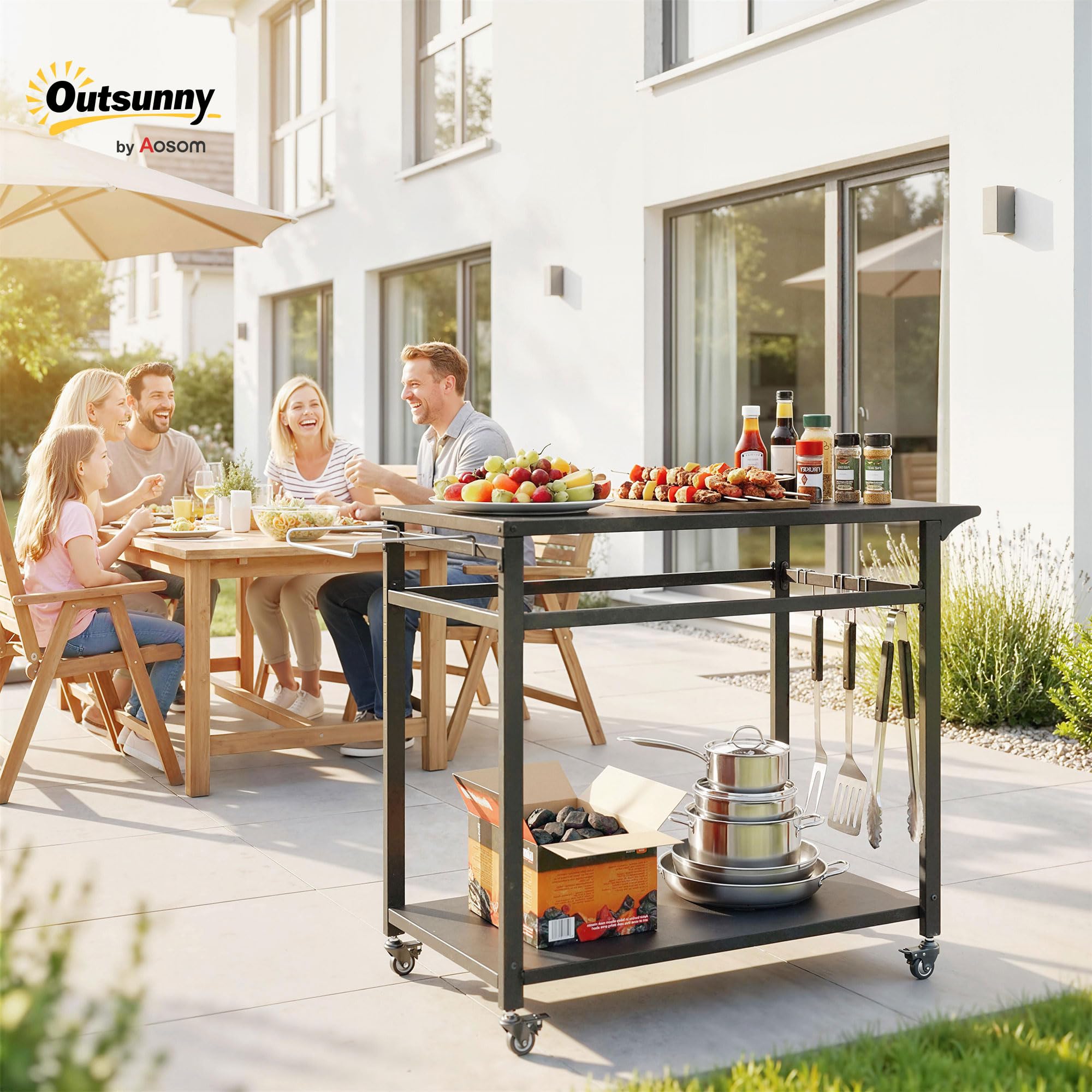 Outsunny Carrello Barbecue da Esterno con 2 Ripiani in Metallo, Tavolo Cucina da Esterno con Ruote, Maniglia, Portasacchi e Ganci, 113x50.5x88 cm, Nero