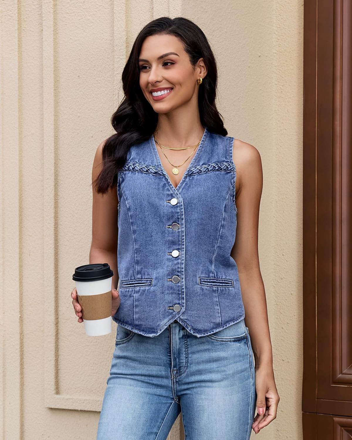 luvamia Denim Vest Women Trendy Button Down Braided Adjustable Waist Western Casual Sleeveless Jean Waistcoat Vests Top - Image 7