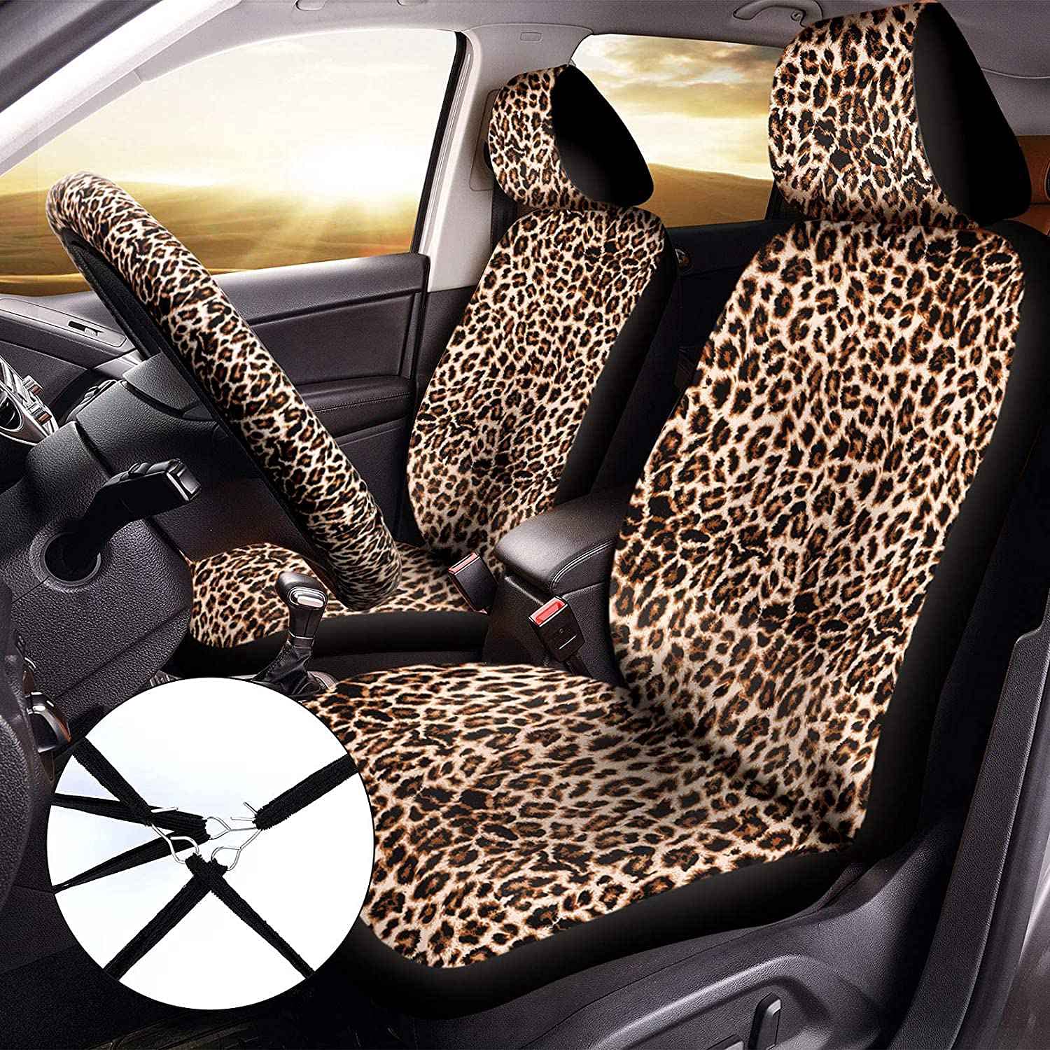 Juego de 15 fundas de asiento con estampado de leopardo, para volante, almohadilla de seguridad, posavasos, reposabrazos acolchado y