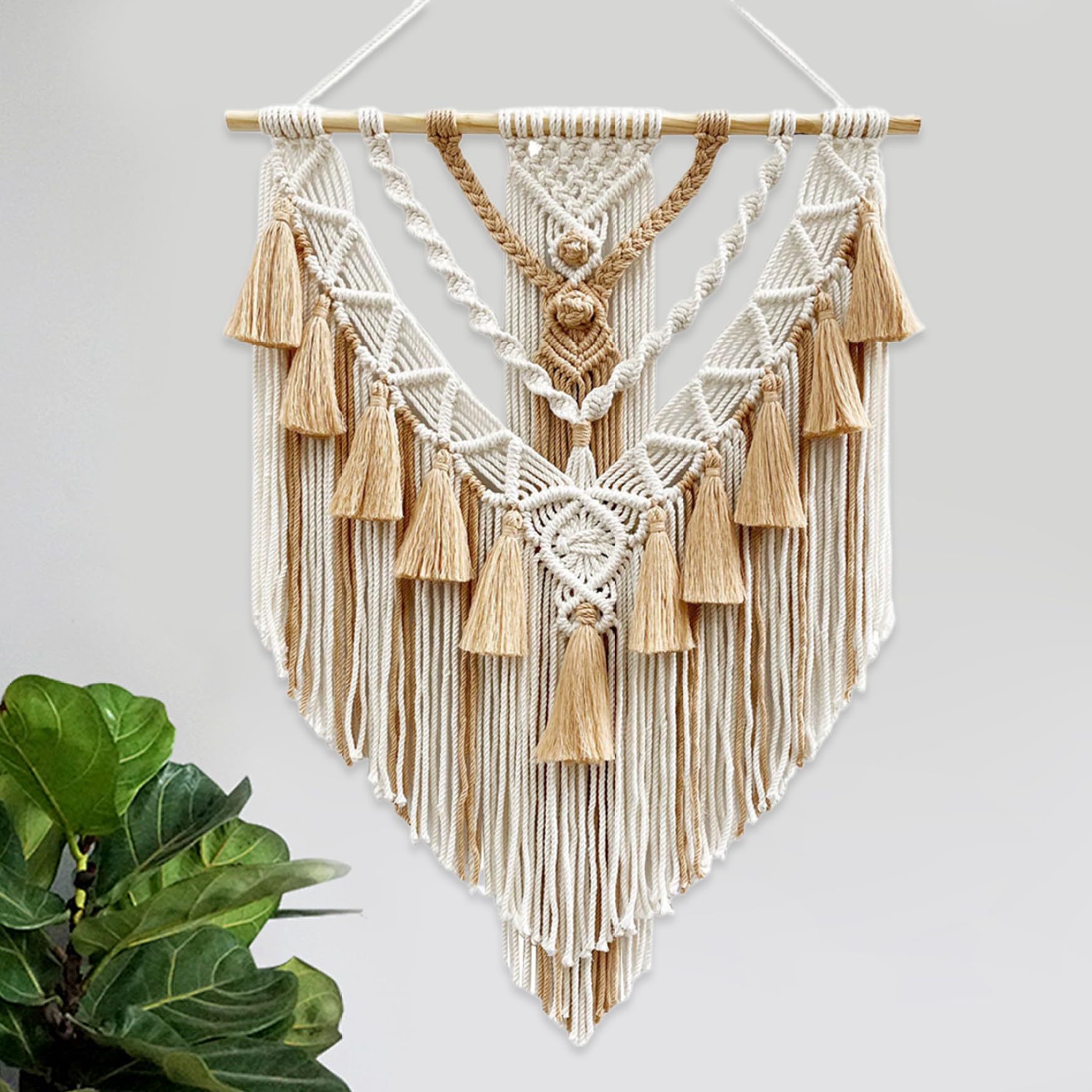 Macrame Wandbehang Natürlicher Baumwollfaden Macrame Wanddekoration mit Quaste Rustikal Webteppich Wandkunst für Schlafzimmer Wohnzimmer Wohnung Kinderzimmer Khaki 21,7x29,5 Zoll