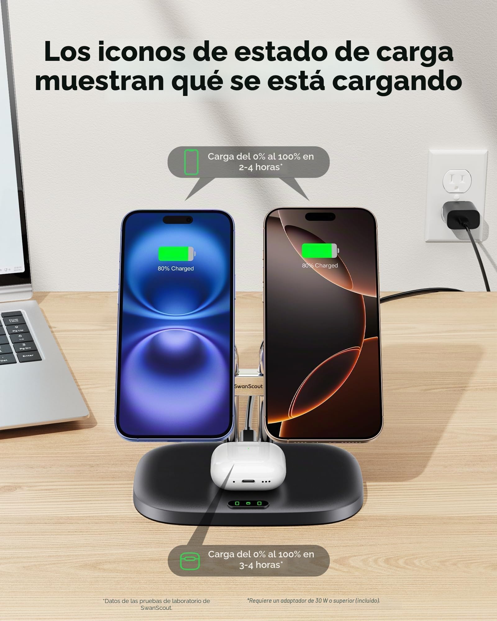 SwanScout Cargador Inalámbrico Doble para iPhone 17e/17/Air, Cargador Magnético para iPhone 16/15/14/13/12 Serie, Estación de Carga para AirPods Pro 3/2/Pro, SwanScout 706M (Negro)