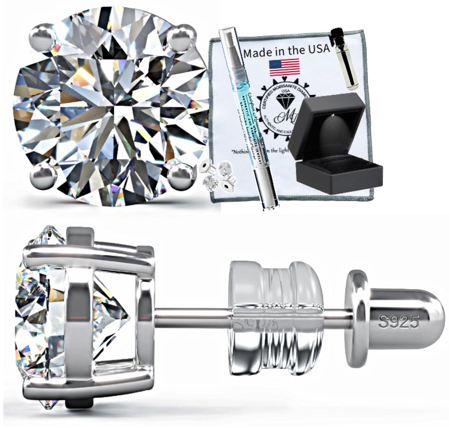 CMD Moissanite Stud Earrings No Poke Screw Back 4 or 6 Prong 18K White Gold-Filled Vermeil Lab Grown