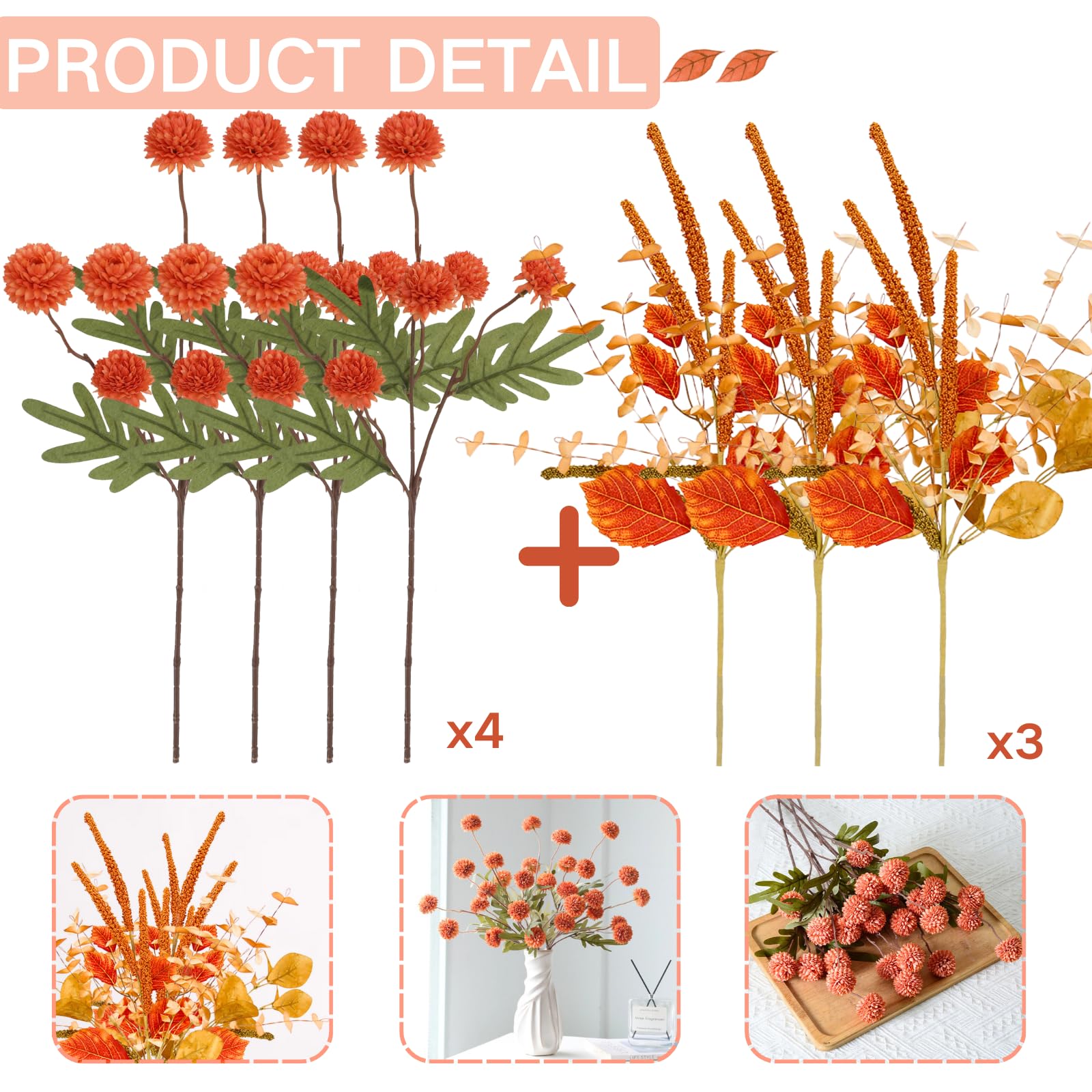 ASTRYAS Fiori artificiali Kiku misti in finta seta finta steli di eucalipto decorazione per casa colonica matrimonio vaso bouquet composizione floreale decorazione casa (7 pacchetti)