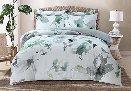 Majestic Giftware Madison Linen 6-Piece Queen Size Duvet Bedding Set (BL104-Q) | Summer Breeze - Emerald 300 TC 100% Cotton Sateen Durable & Washable | 1 Fitted Sheet, 1 Duvet, 4 Pillowcases