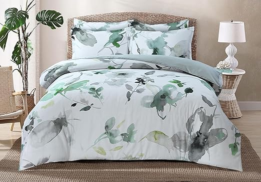 Majestic Giftware Madison Linen 6-Piece Queen Size Duvet Bedding Set (BL104-Q) | Summer Breeze - Emerald 300 TC 100% Cotton Sateen Durable & Washable | 1 Fitted Sheet, 1 Duvet, 4 Pillowcases
