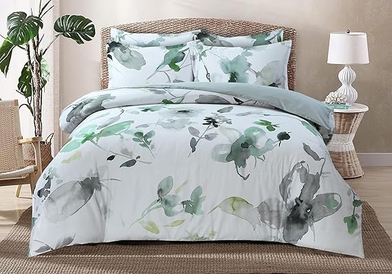 Majestic Giftware Madison Linen 6-Piece Queen Size Duvet Bedding Set (BL104-Q) | Summer Breeze - Emerald 300 TC 100% Cotton Sateen Durable & Washable | 1 Fitted Sheet, 1 Duvet, 4 Pillowcases