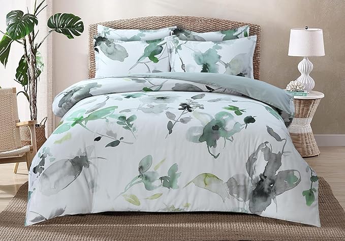 Majestic Giftware Madison Linen 6-Piece Queen Size Duvet Bedding Set (BL104-Q) | Summer Breeze - Emerald 300 TC 100% Cotton Sateen Durable & Washable | 1 Fitted Sheet, 1 Duvet, 4 Pillowcases