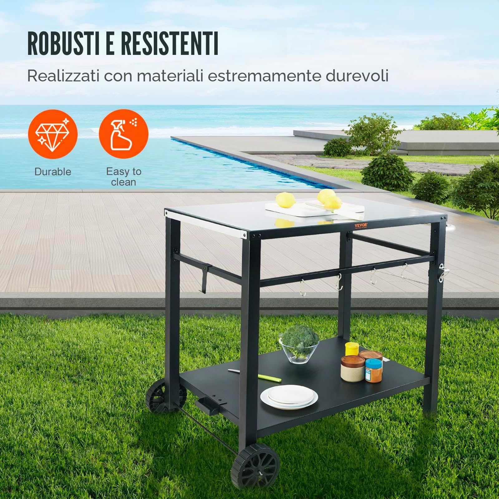 VEVOR Carrello da Pranzo per BBQ da Esterno con Doppio Ripiano, Tavolo Mobile Preparazione degli Alimenti per Barbecue, Piano Multifunzionale in Ferro Pieghevole, Carrelli da Esterno 1000x640x835mm