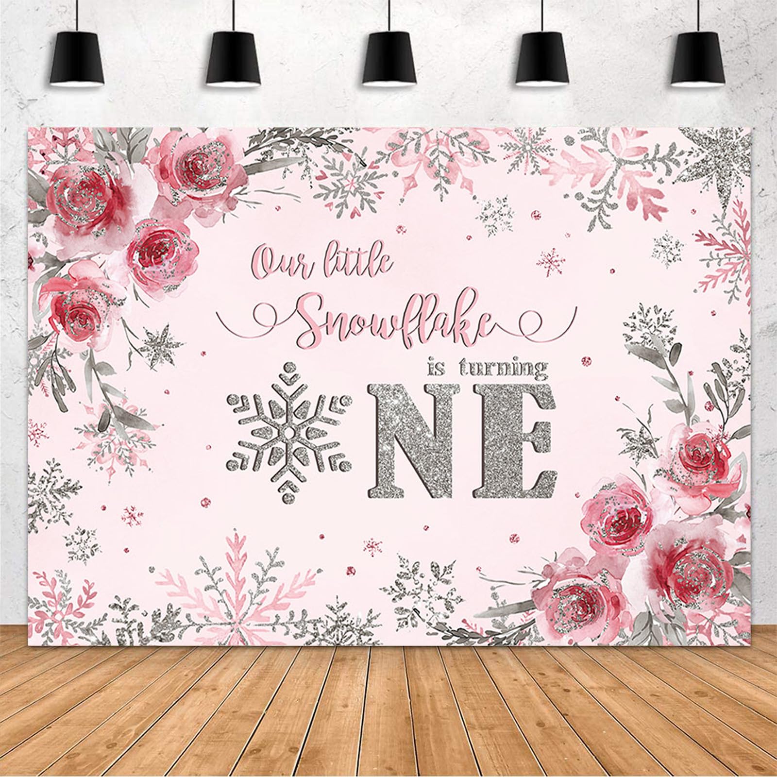 Photo 1 of MEHOFOND 7x5ft Winter Onederland Backdrop for Girl Snowflake 1st Birthday Party Decorations Supplies Banner Glitter Pink Silver Floral Photography Background Cake Table Photo Booth Props 7x5ft Pink and Silver