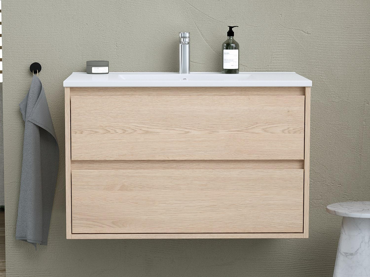 - Muebles colgantes para baño con lavabo empotrado - Chapa de roble - 80 cm - MILIPAM