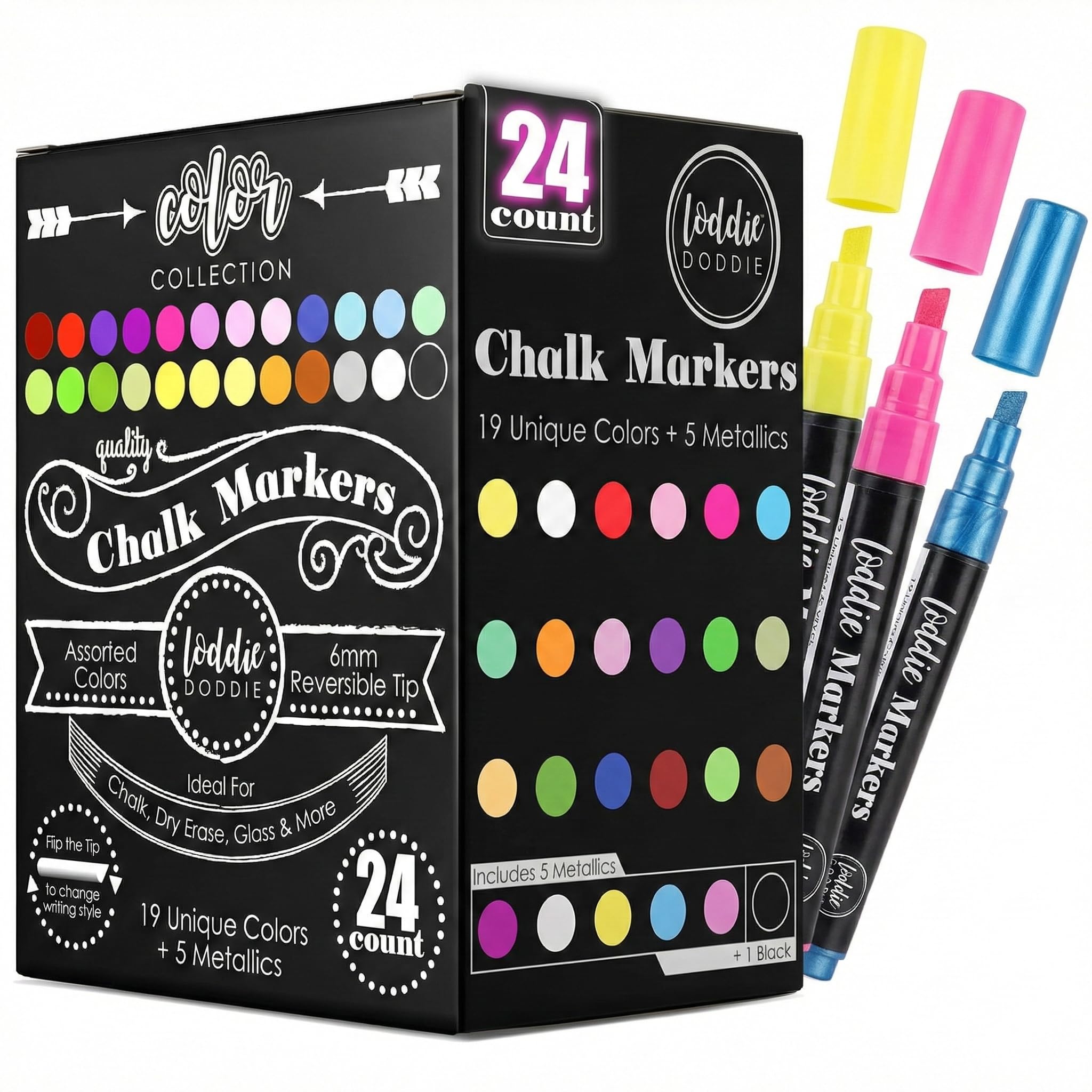 Chalk Markers - Pack of 24, 6mm Reversible Tips - Liquid Chalk Pens for Glass & Windows - Dry Erase Chalkboard Markers for Blackboard & Calendars - Non-Toxic Pens for Art & Decor